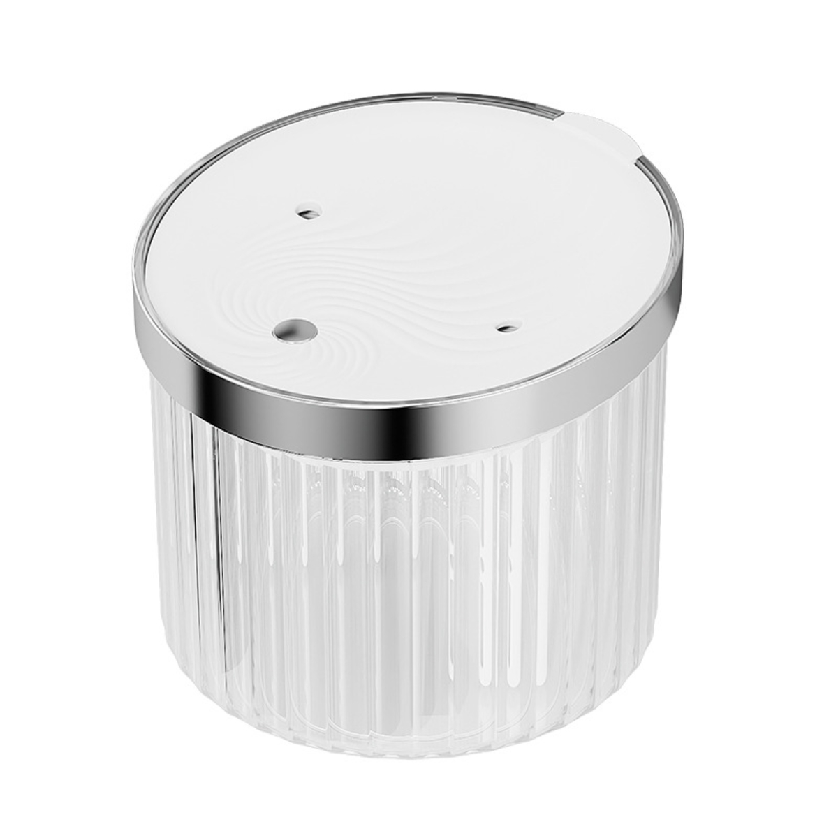 Ein weiß-silberfarbener Behälter mit Deckel. Es hat ein geripptes Design und ein kleines Loch.