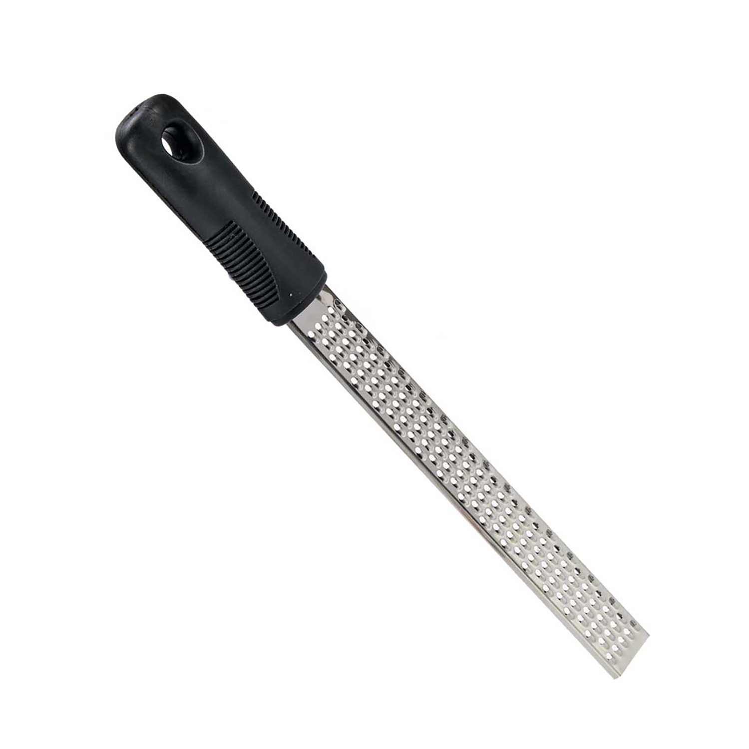 Una grattugia per formaggio. Ha un manico nero e una superficie grattugiante in acciaio inox.
