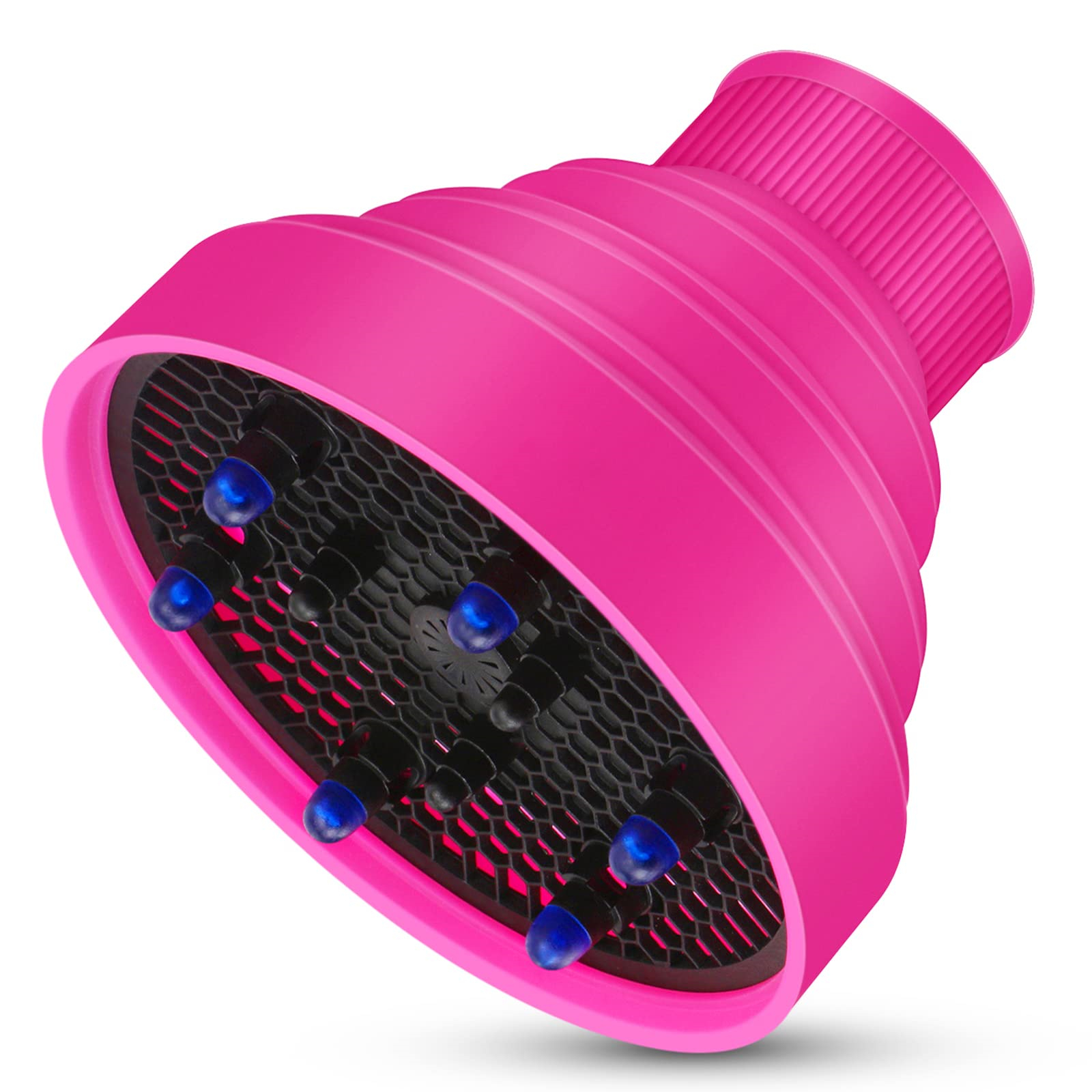 Rosa Haartrockner-Diffusor, angewinkelt, schwarzes Netz und blaue Luftdüsen.