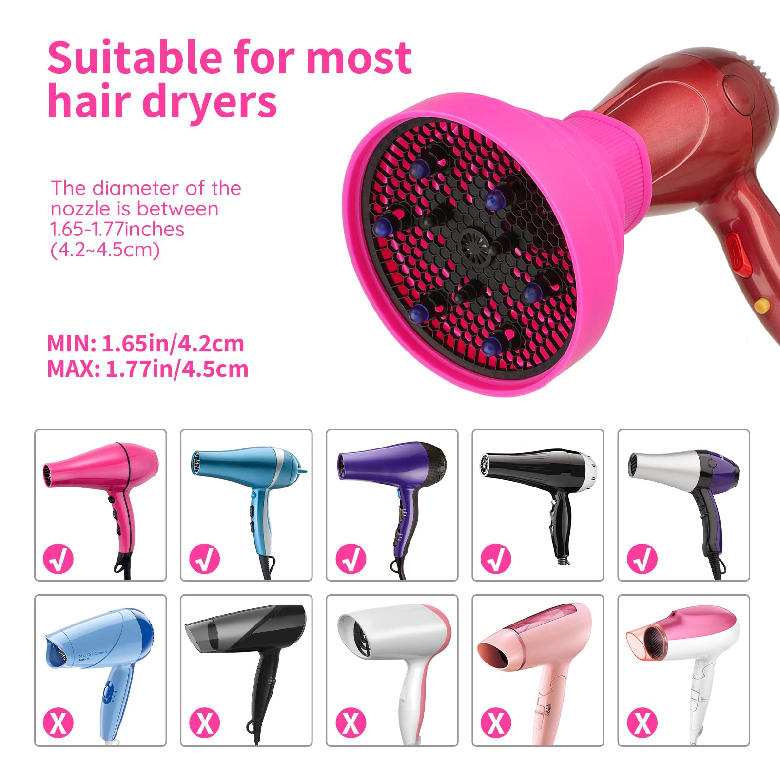 Pinker Haartrockner mit Diffusor und verschiedene Modelle mit Häkchen.