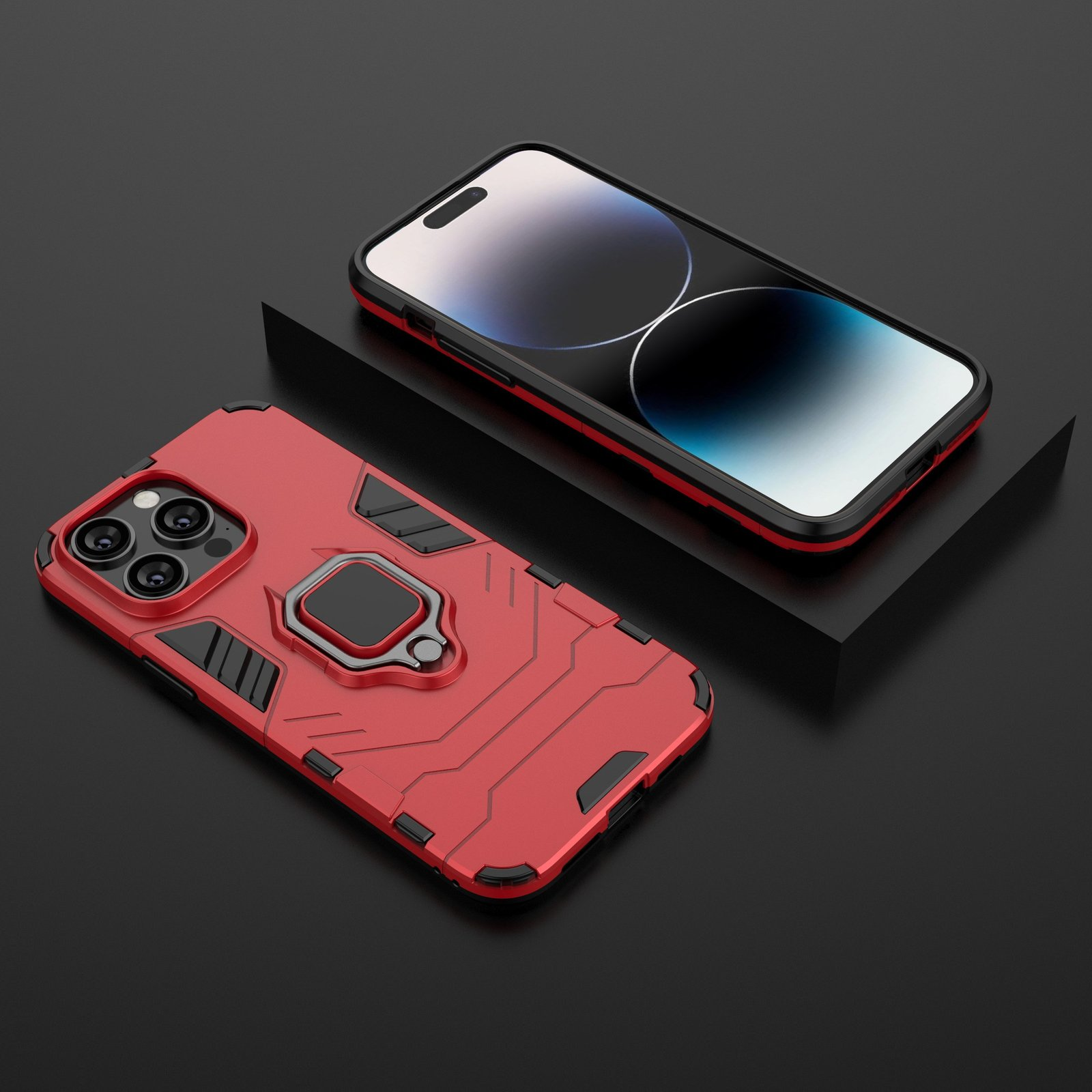 Una funda roja para teléfono con soporte de anillo negro con teléfono, sobre una superficie negra.
