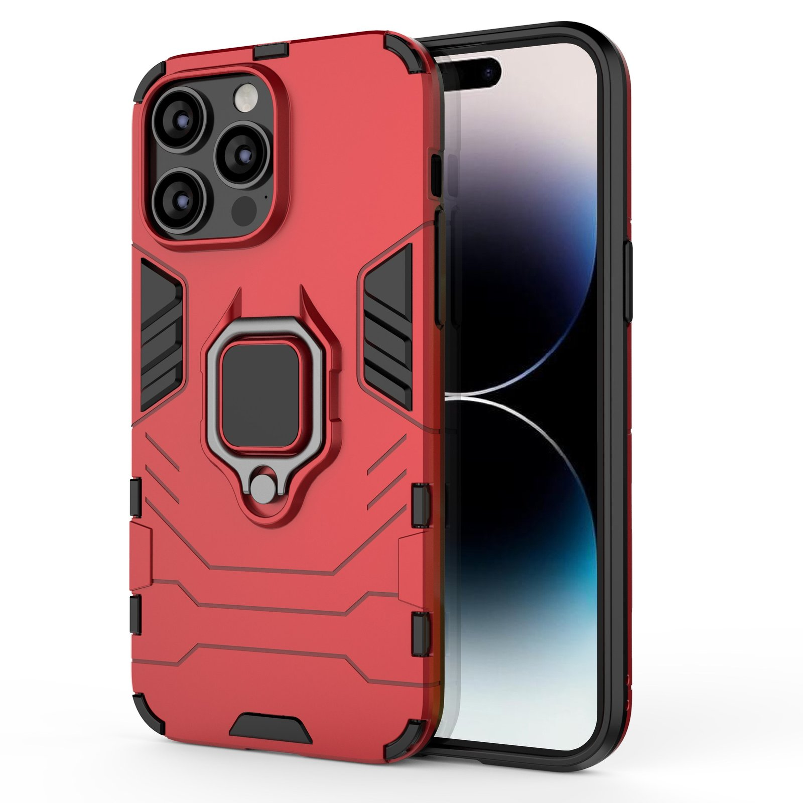 Funda roja con anillo protector, protegiendo un teléfono con fondo blanco.