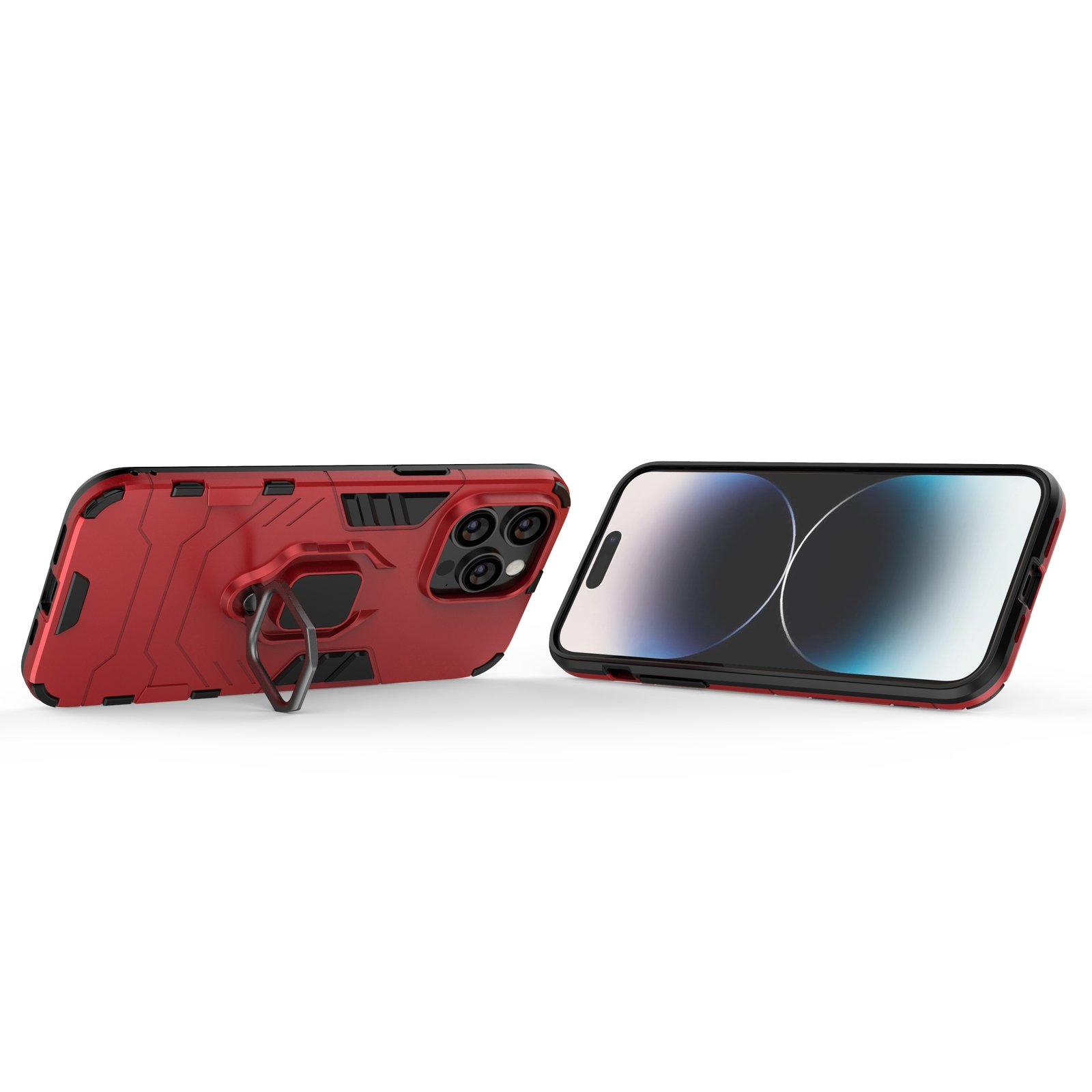 Funda de teléfono roja con soporte de anillo. Teléfono con pantalla visible.