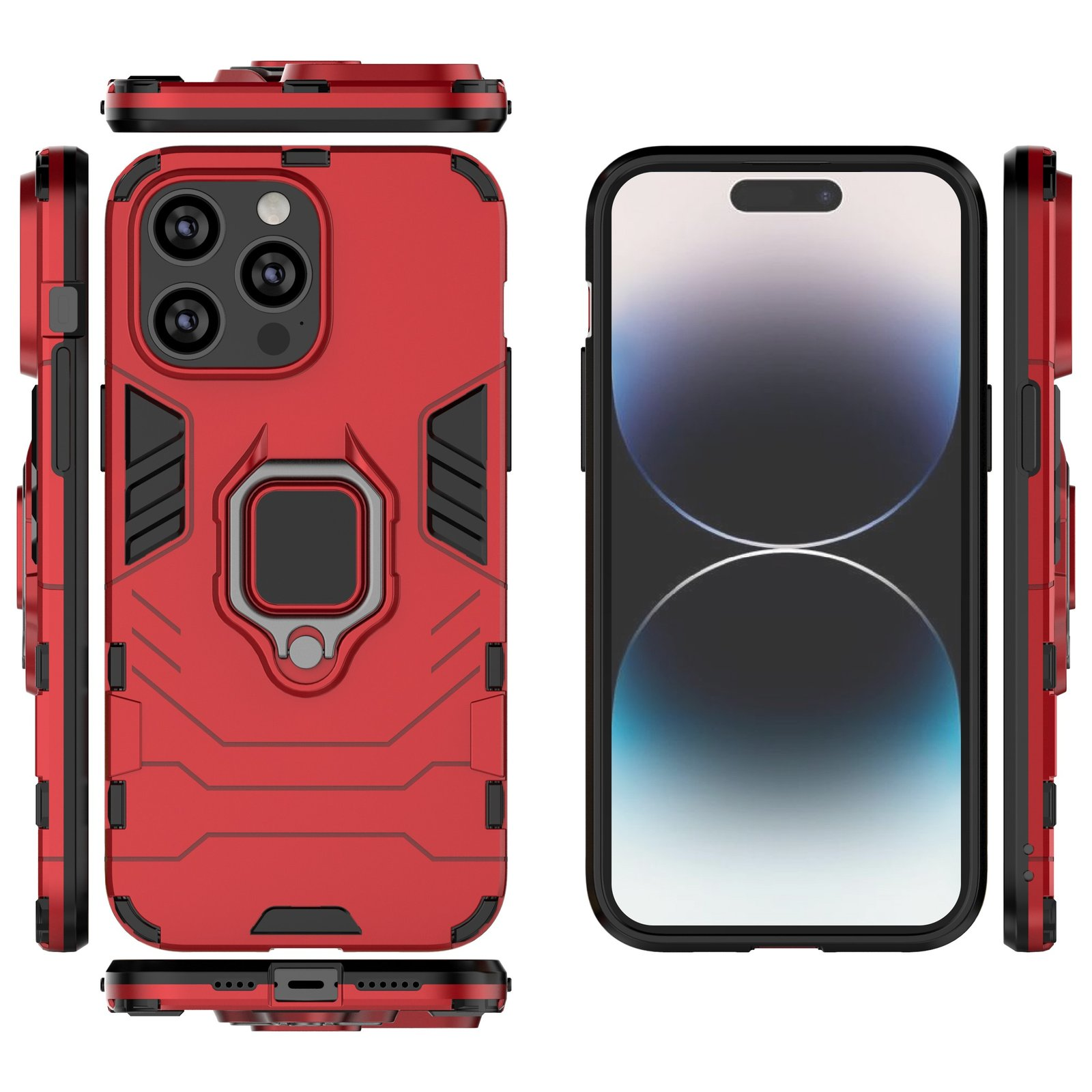 Funda de teléfono roja con soporte de anillo y un teléfono.