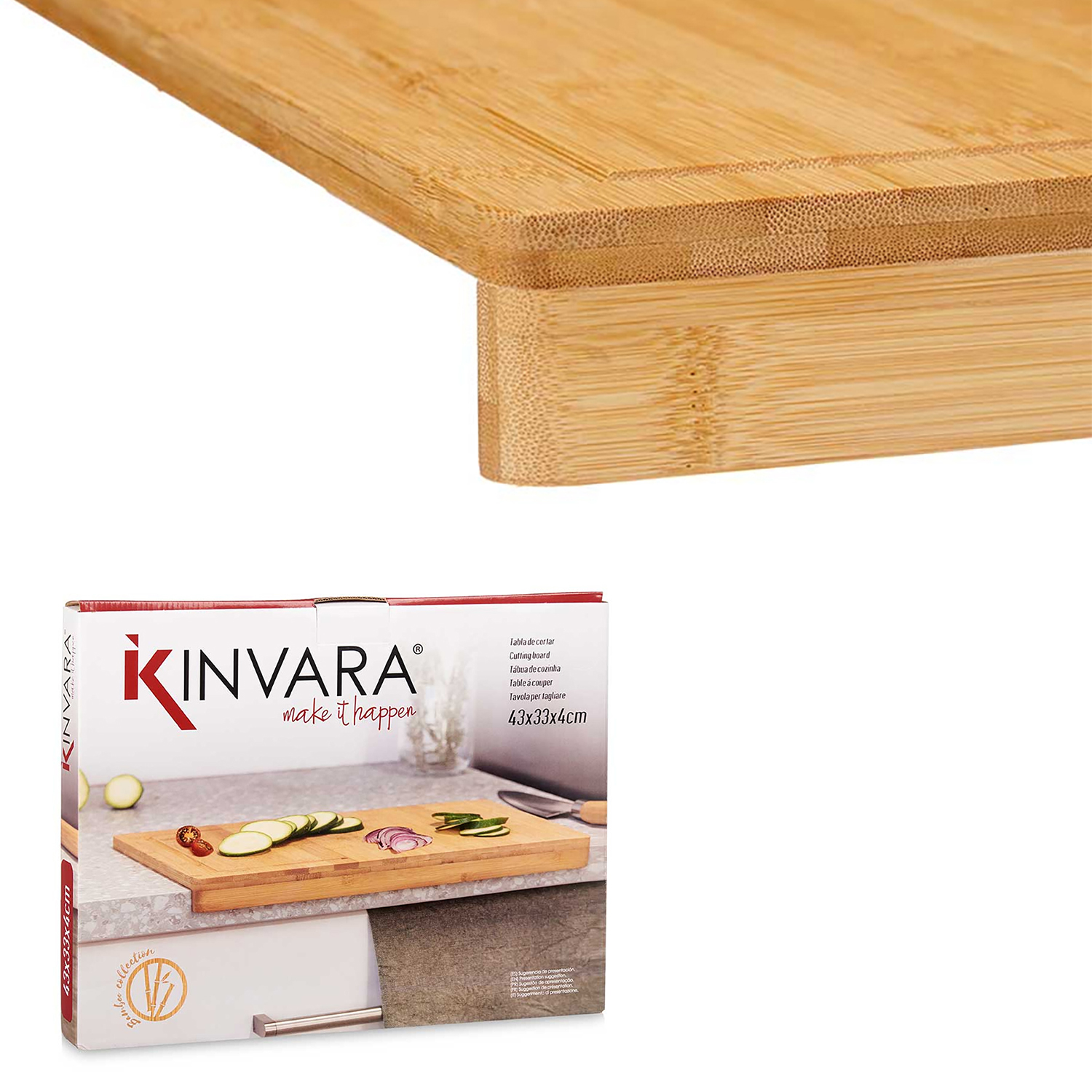 Schneidebrett aus Holz mit Etikett und Box. Auf dem Etikett steht KINVARA und ein Bild von Essen.