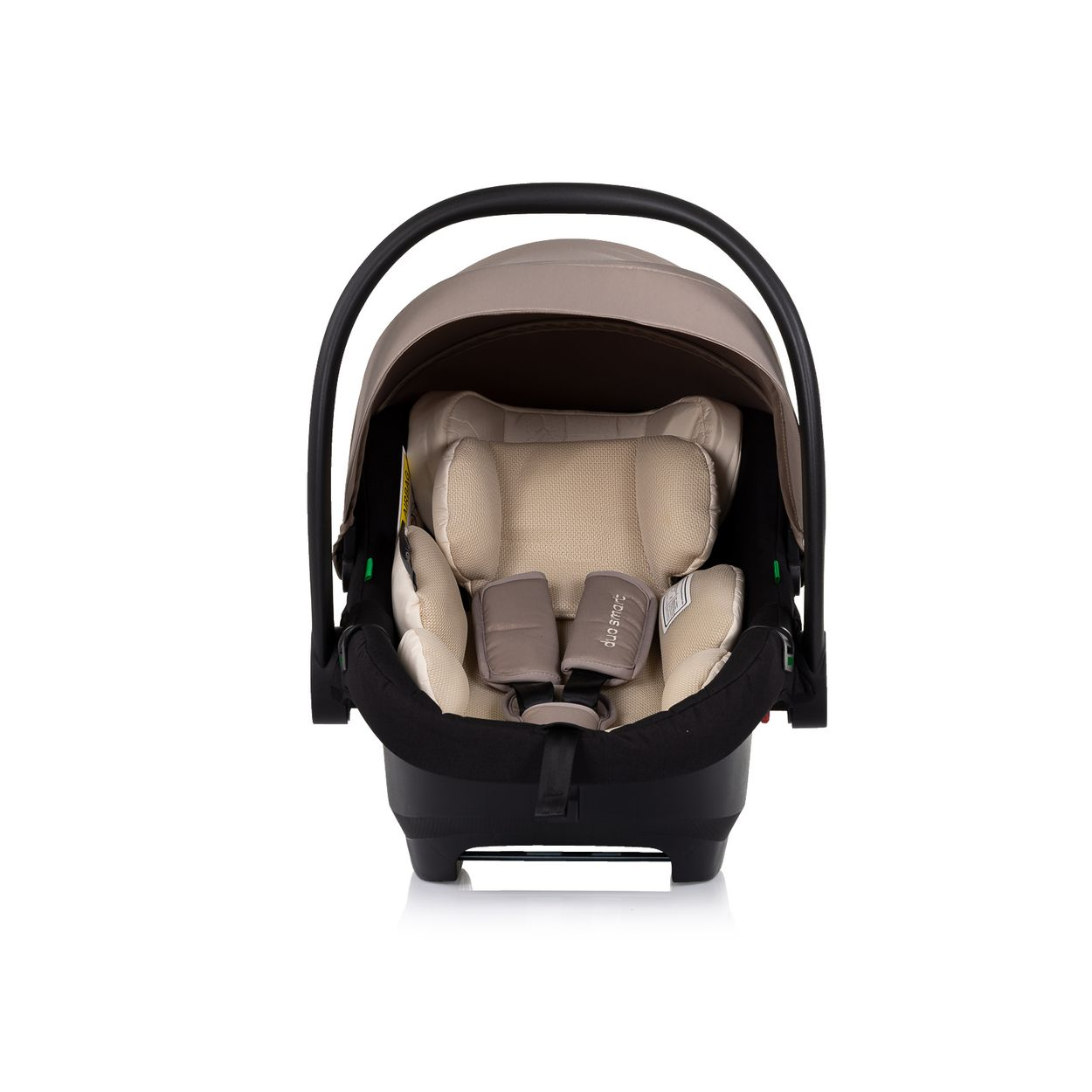Ein Babysitz, beiger Stoff, schwarze Basis und ein Bügel, der sich darüber wölbt.