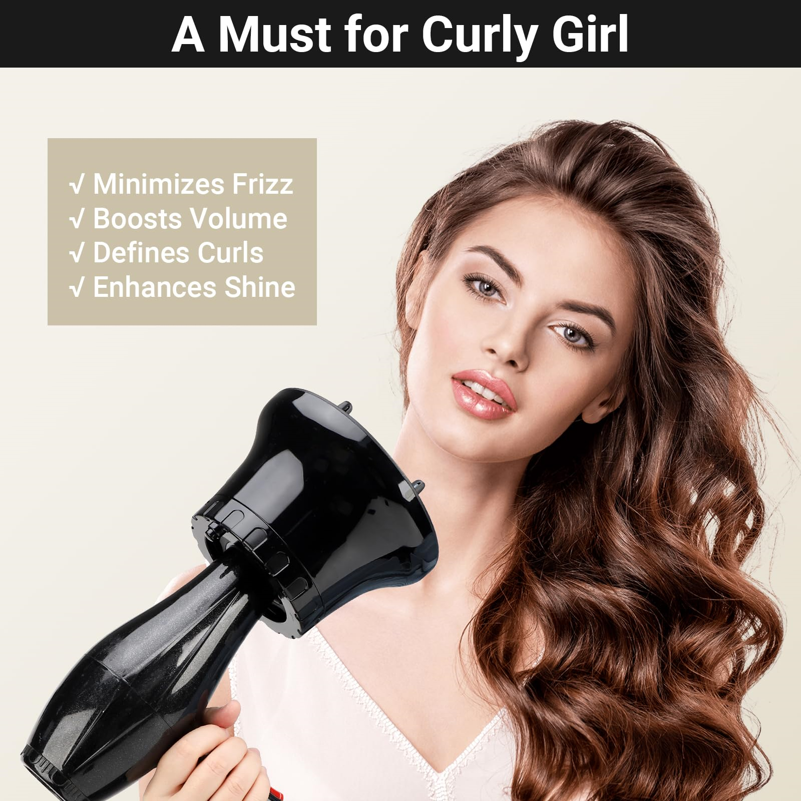 Eine Frau hält einen schwarzen Haardiffusor. Text sagt 'A Must for Curly Girl' und Vorteile.