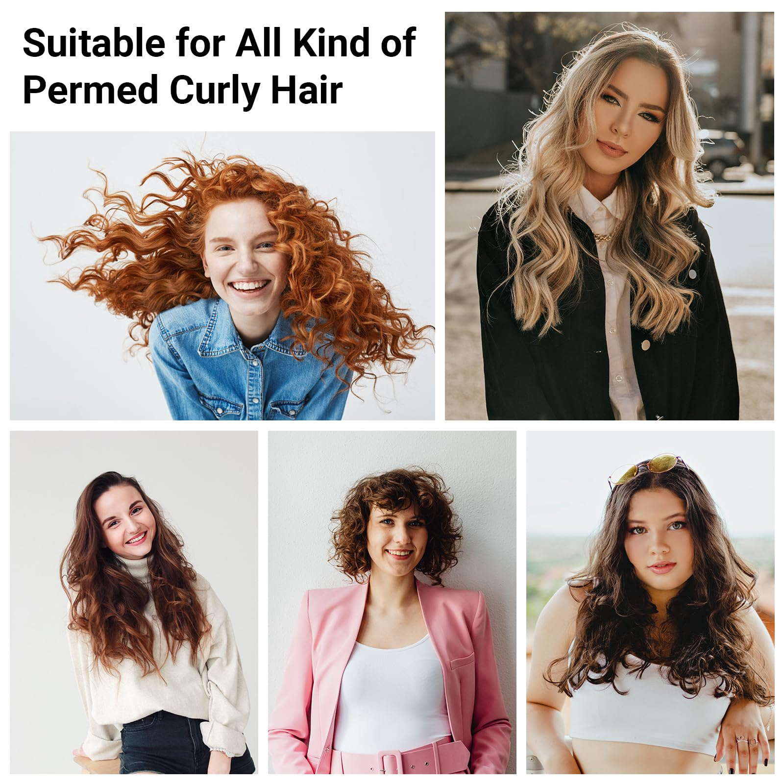 Fünf Frauen mit verschiedenen lockigen Frisuren, die ein Produkt für Dauerwellen bewerben.