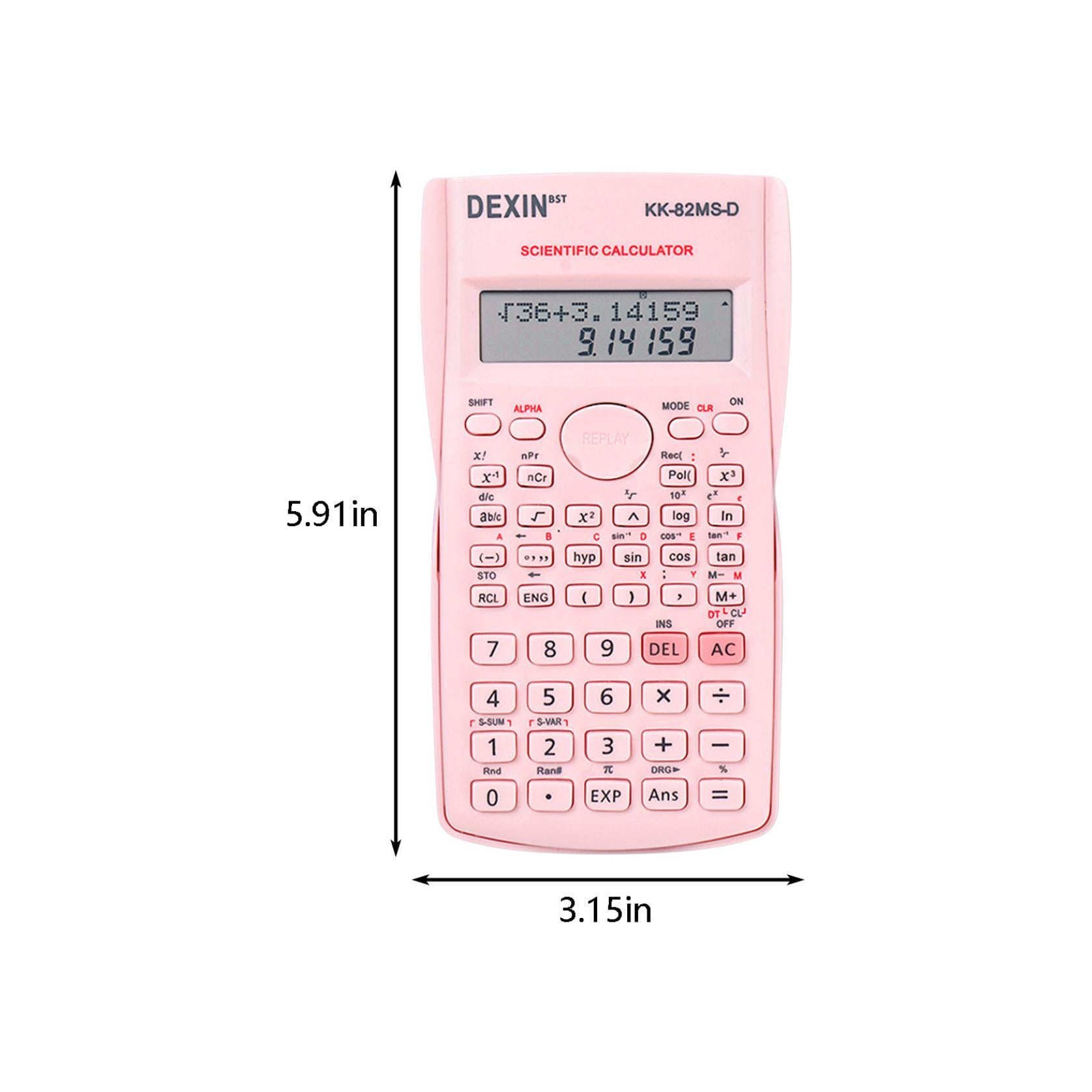 Rosa wissenschaftlicher Taschenrechner mit Display, 5,91 Zoll x 3,15 Zoll, mit Messungen.