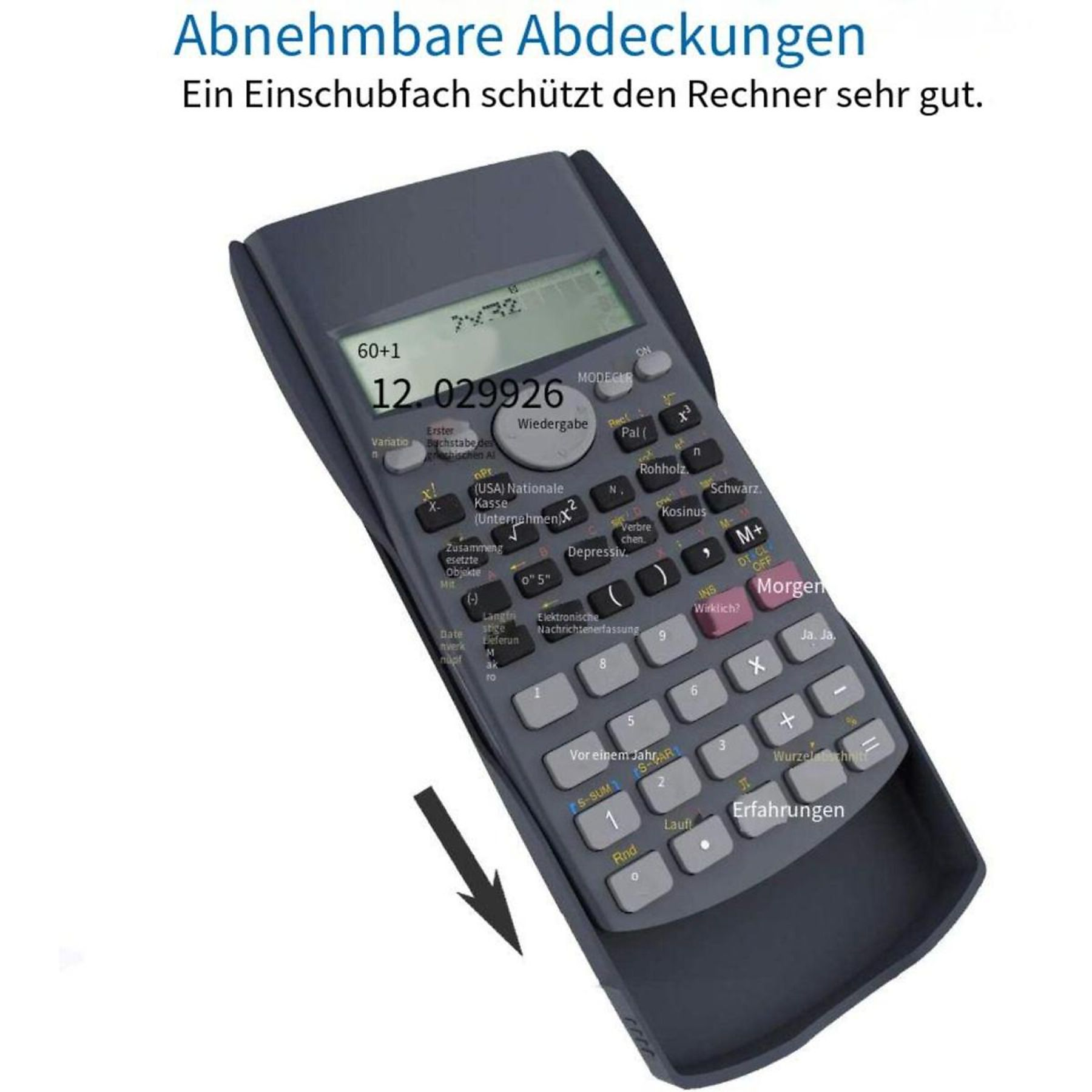 Taschenrechner mit Tasten und Display. Text auf Deutsch. Pfeil nach links.