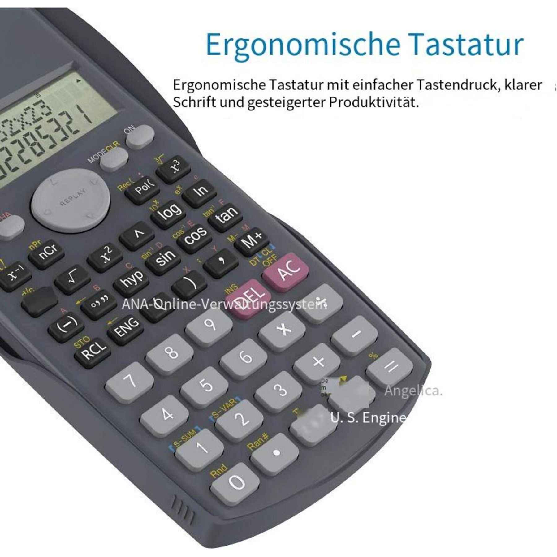 Ein grauer Taschenrechner mit vielen Tasten. Text auf Deutsch ist im Hintergrund sichtbar.