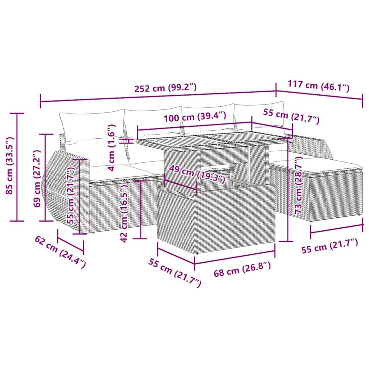 Set di mobili da esterno in vimini con dimensioni. Include divano, tavolo e pouf.
