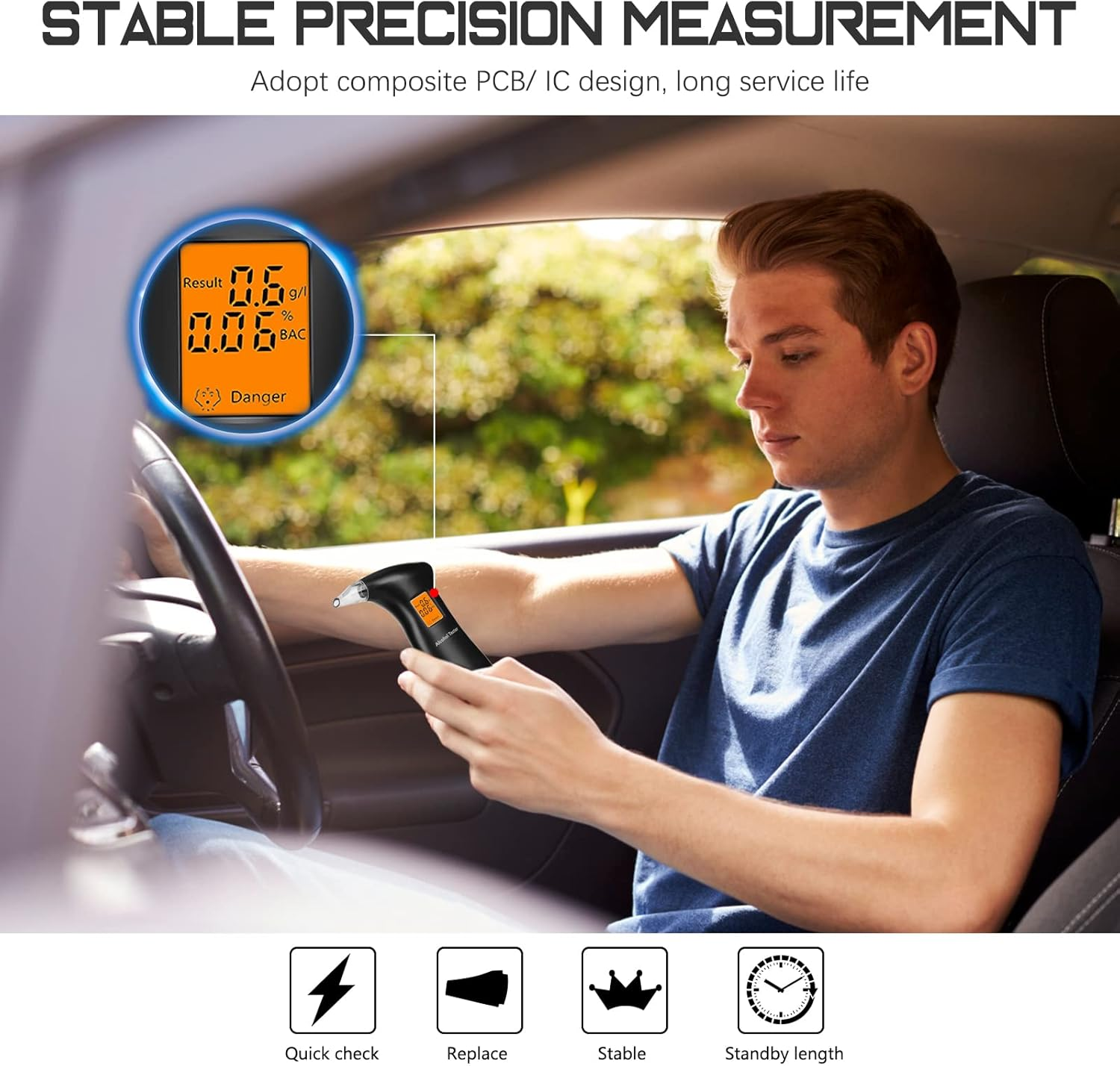 Mann im Auto benutzt Alkoholtester. Digitalanzeige zeigt BAC-Wert und 'Gefahr'.