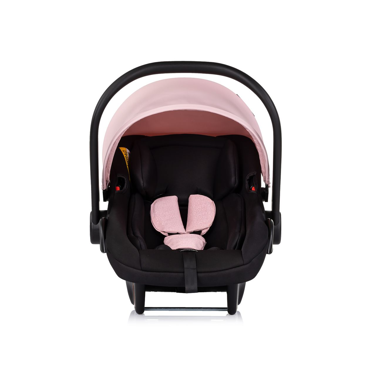 Ein Babysitz, schwarz mit einem rosa Verdeck. Der Sitz hat einen rosa gepolsterten Einsatz und einen schwarzen Griff.