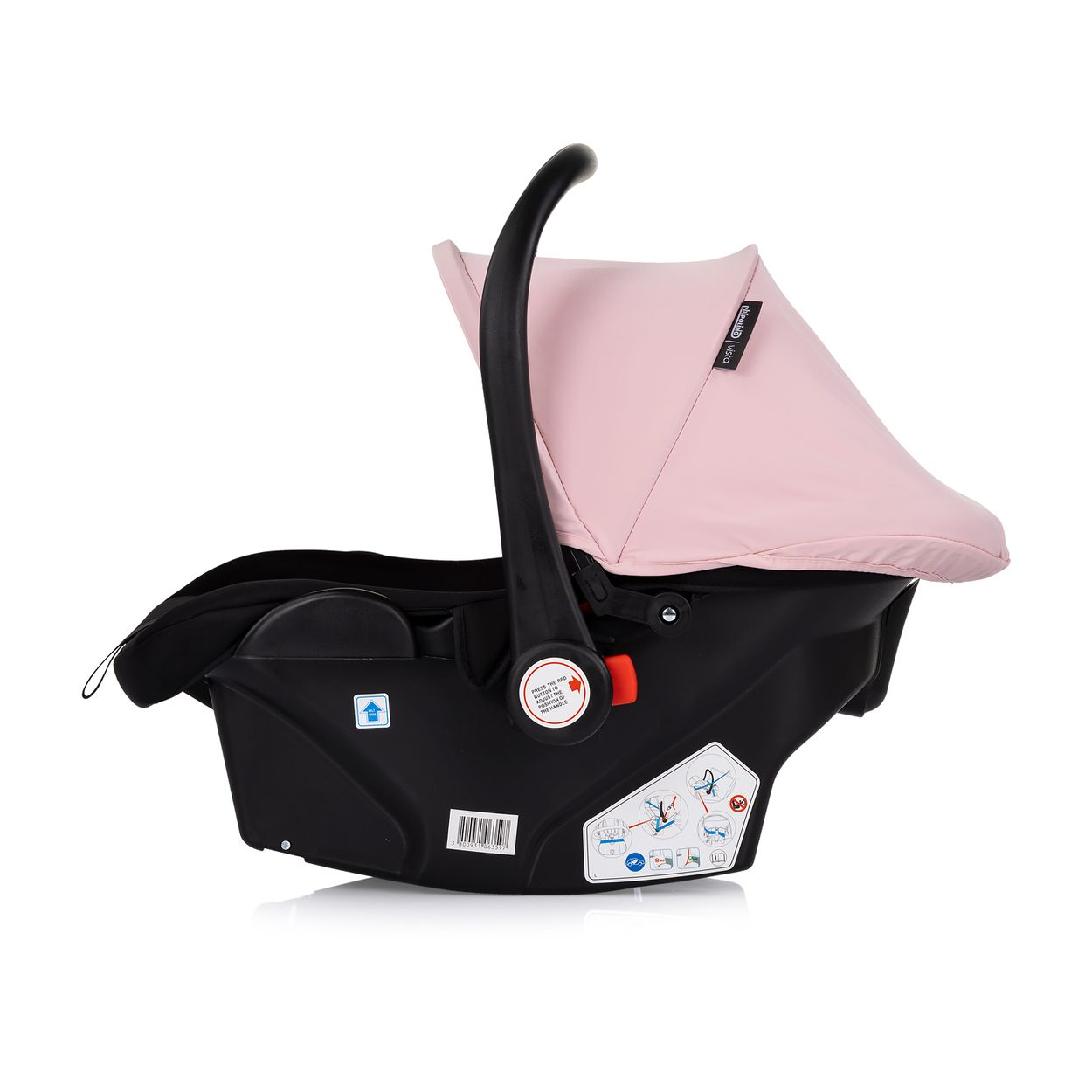 Babyschale in Schwarz mit rosa Sonnenschutz.