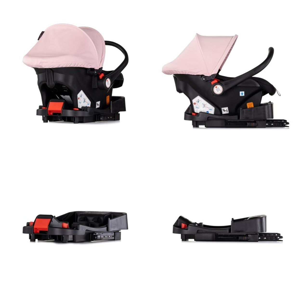 Vier Bilder eines Babysitzes und einer Basis. Rosa Abdeckung, schwarzer Sitz und Basis.