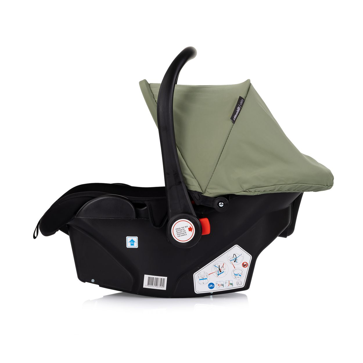 Ein schwarzer Baby-Autositz mit grünem Verdeck, von der Seite gesehen.