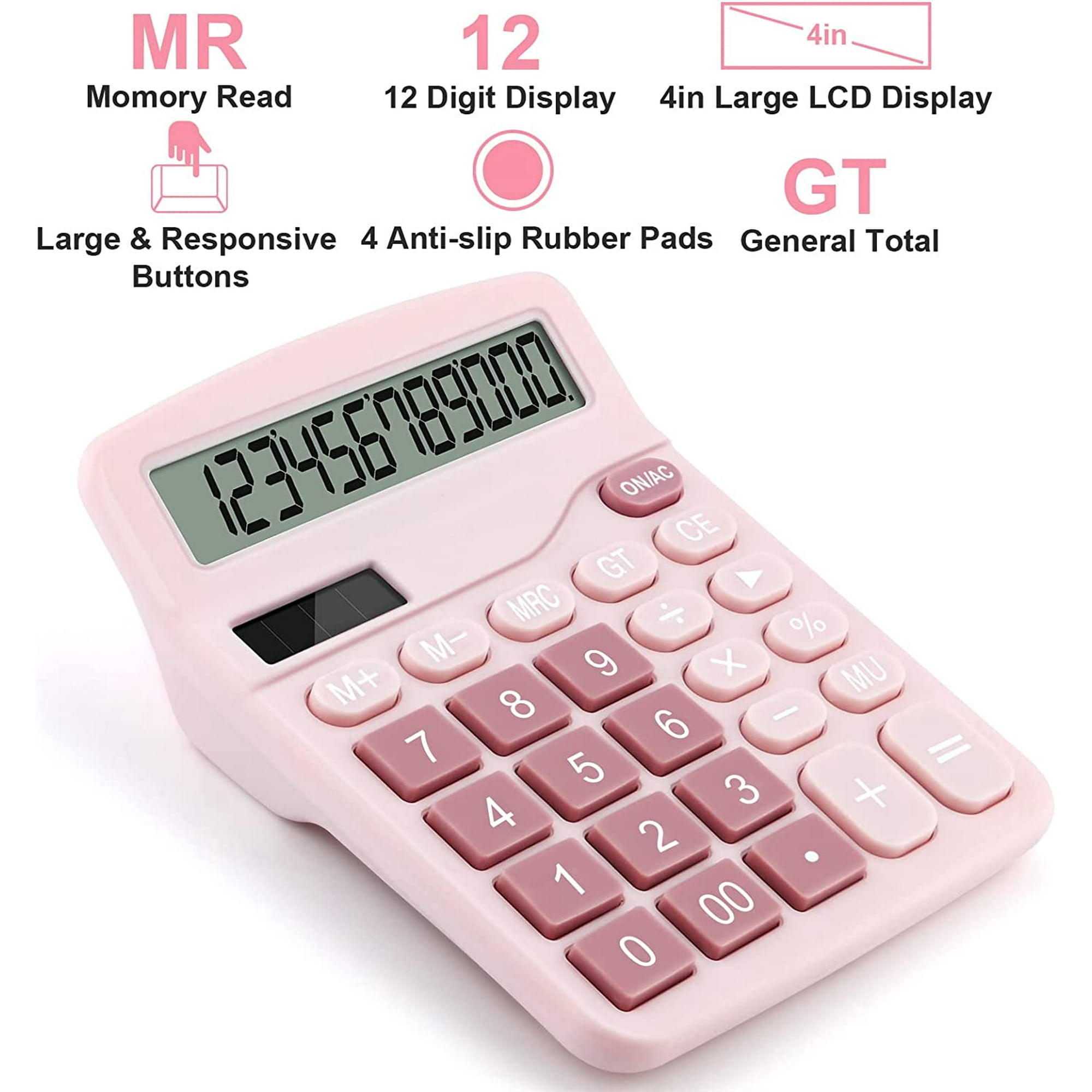 Ein rosa Taschenrechner mit vielen Tasten und einer Digitalanzeige.