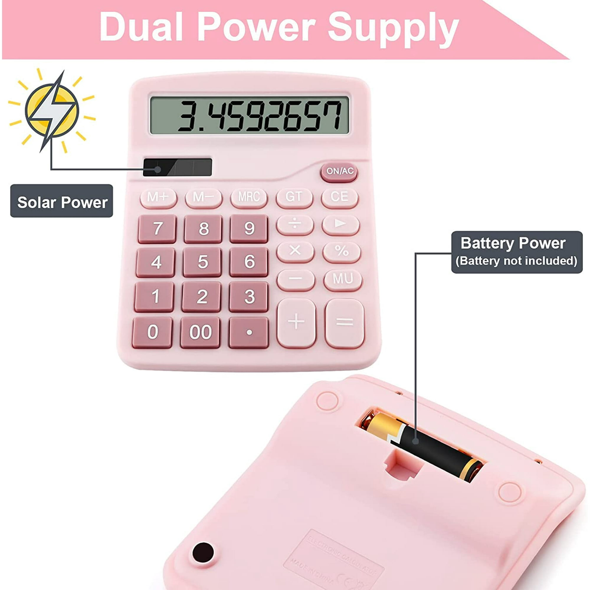 Rosa Taschenrechner mit hervorgehobener Dual-Power. Solar- und Batterieoptionen sind beschriftet.