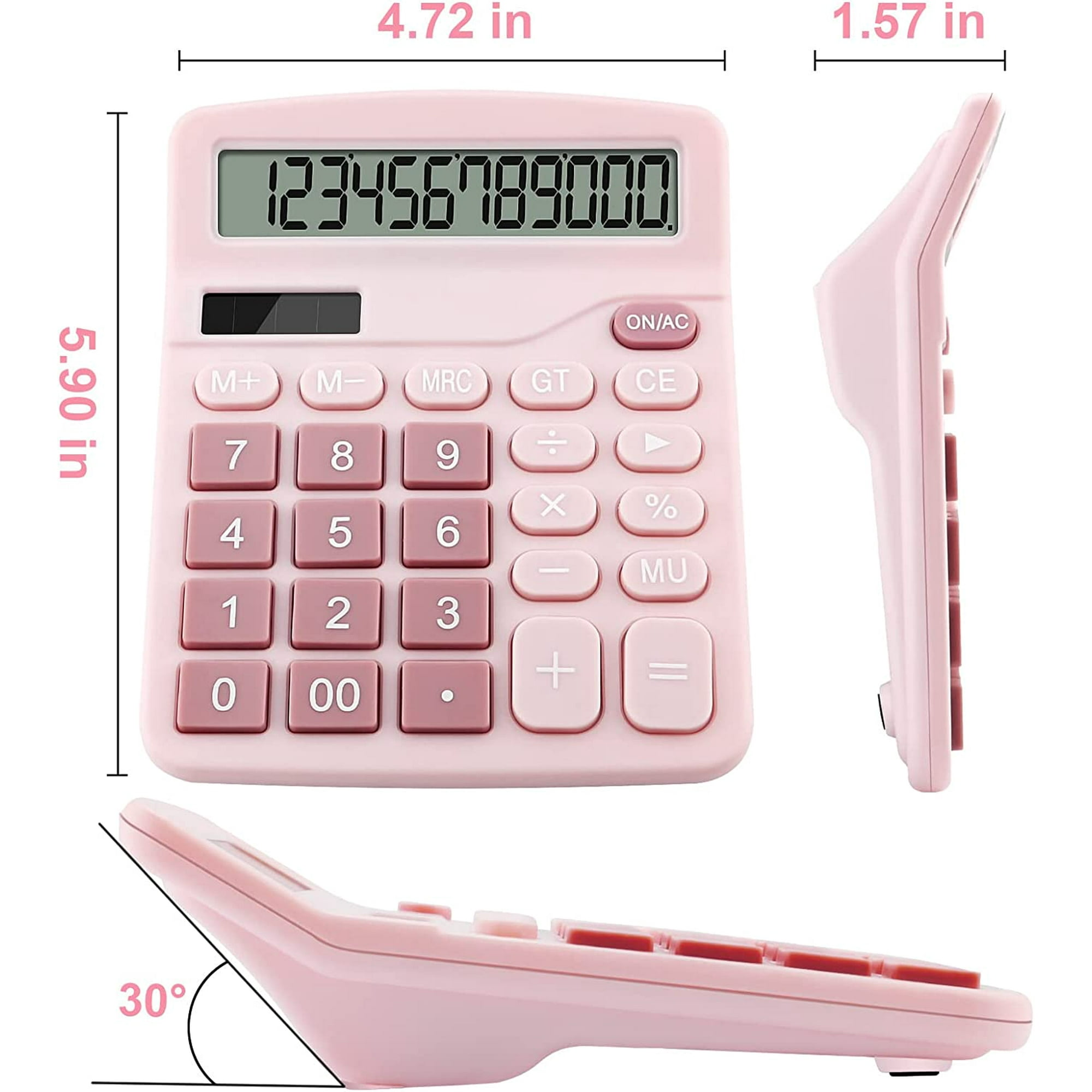 Rosa Taschenrechner mit Zahlen. Maße: 5,90 Zoll Höhe, 4,72 Zoll Breite und 1,57 Zoll Tiefe.