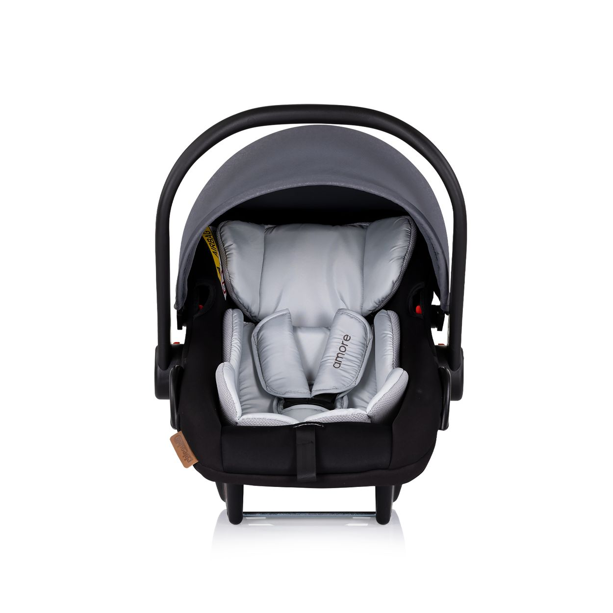 Schwarzer Baby-Autositz mit grauer Haube und Amore-Branding.