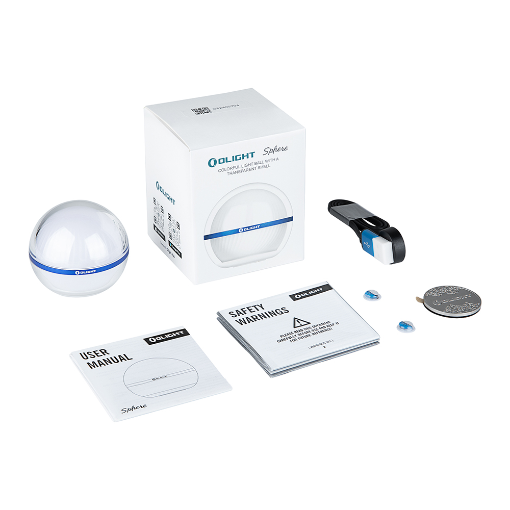 Caja blanca con una bola de luz y otros accesorios. La bola tiene una línea azul, la caja dice Olight Sphere.