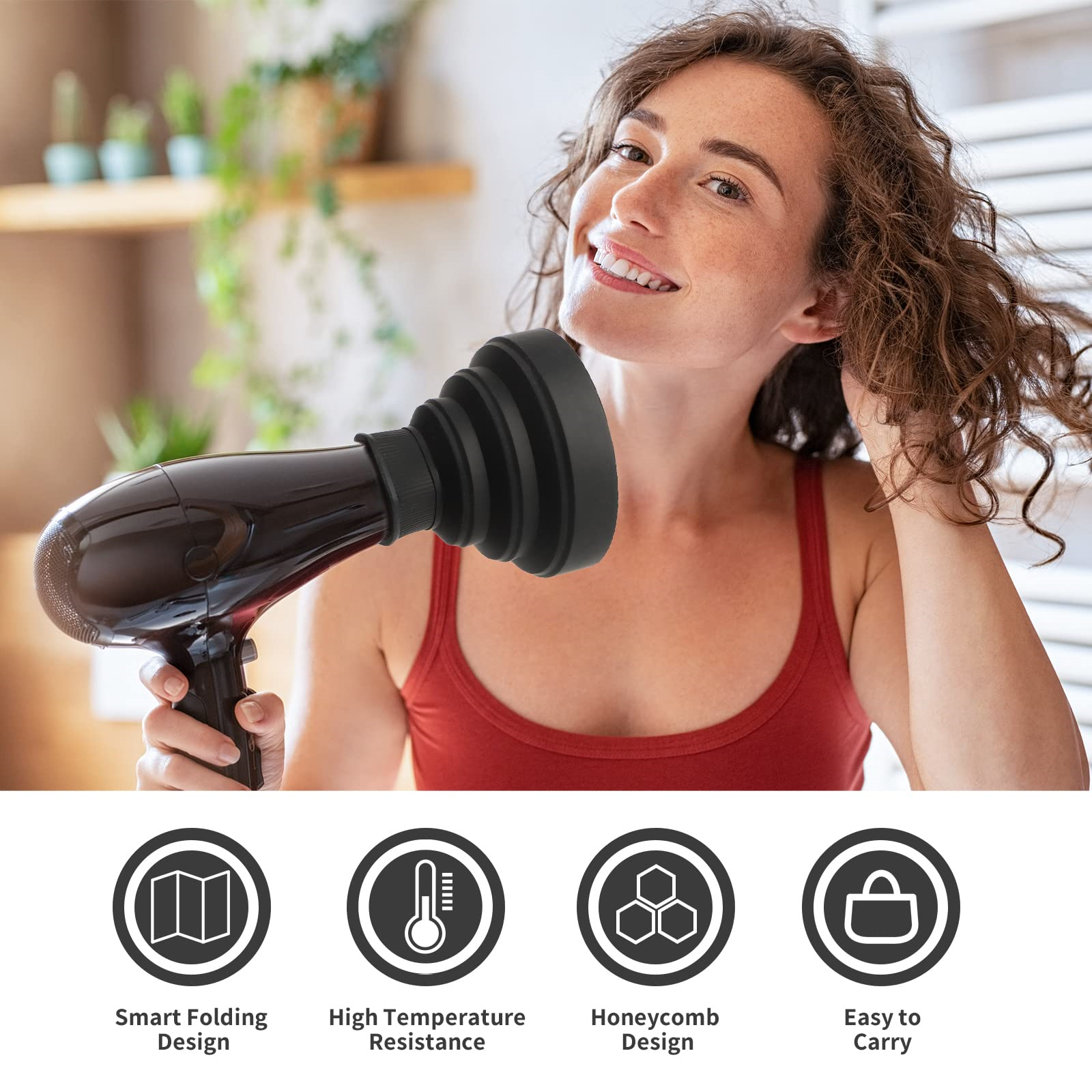 Eine Frau trocknet ihre Haare mit einem schwarzen Haartrockner mit aufgesetztem schwarzem Diffusor.