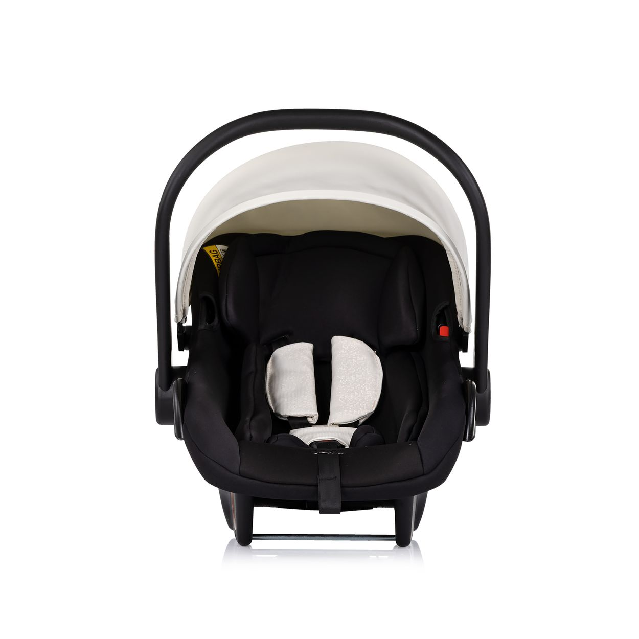 Schwarz-weißer Baby-Autositz mit Griff.