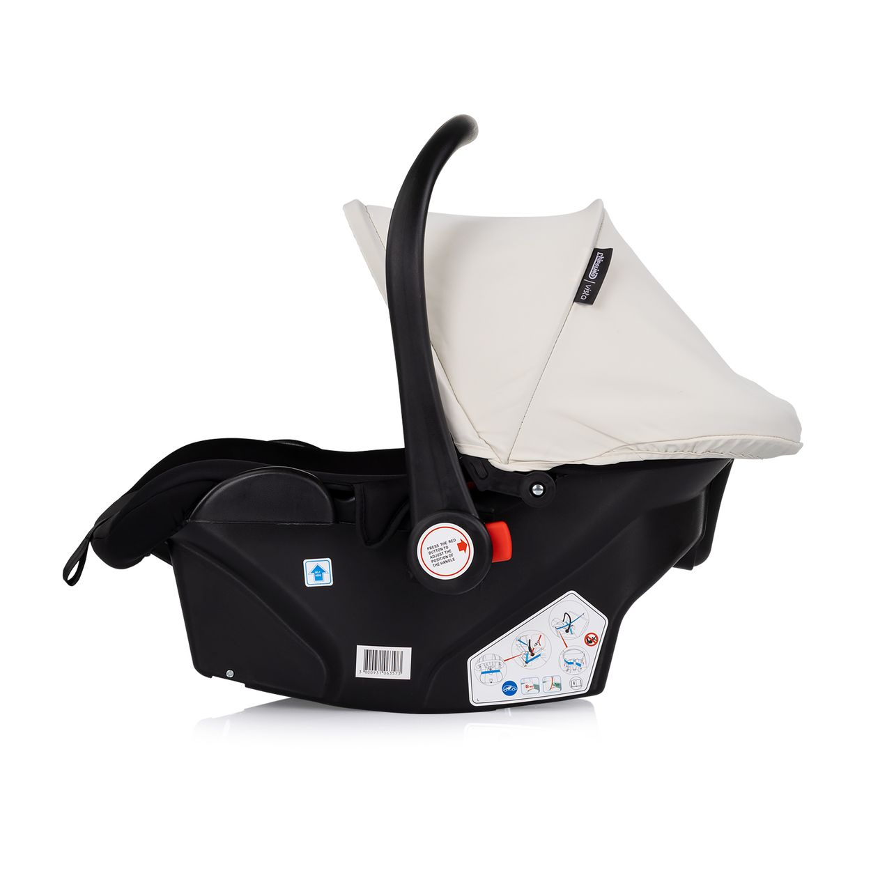 Schwarzer Baby-Autositz mit weißer Haube.