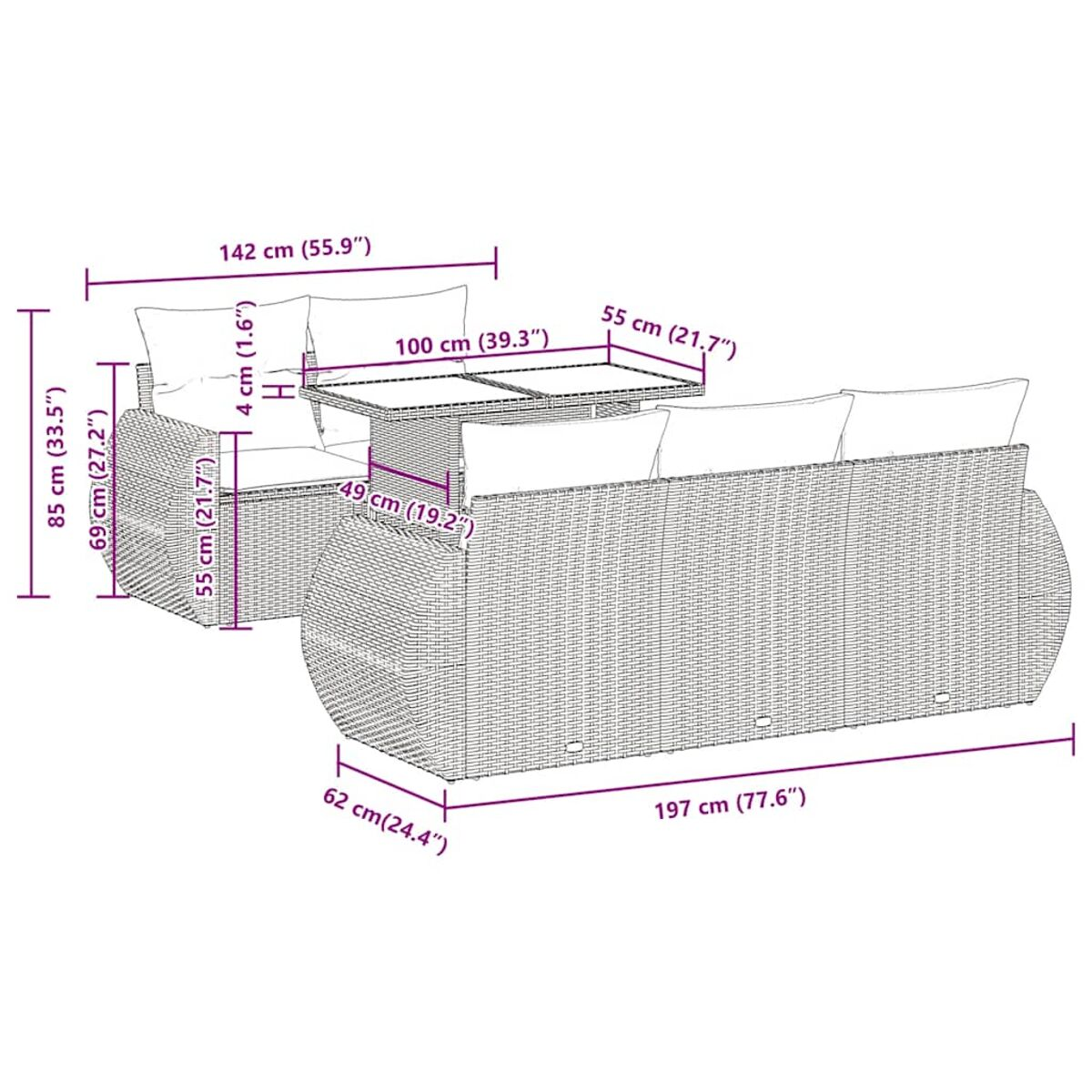 Diagramm mit Abmessungen eines Rattansofa-Sets. Enthält Sofa, Tisch und Abmessungen in cm und Zoll.