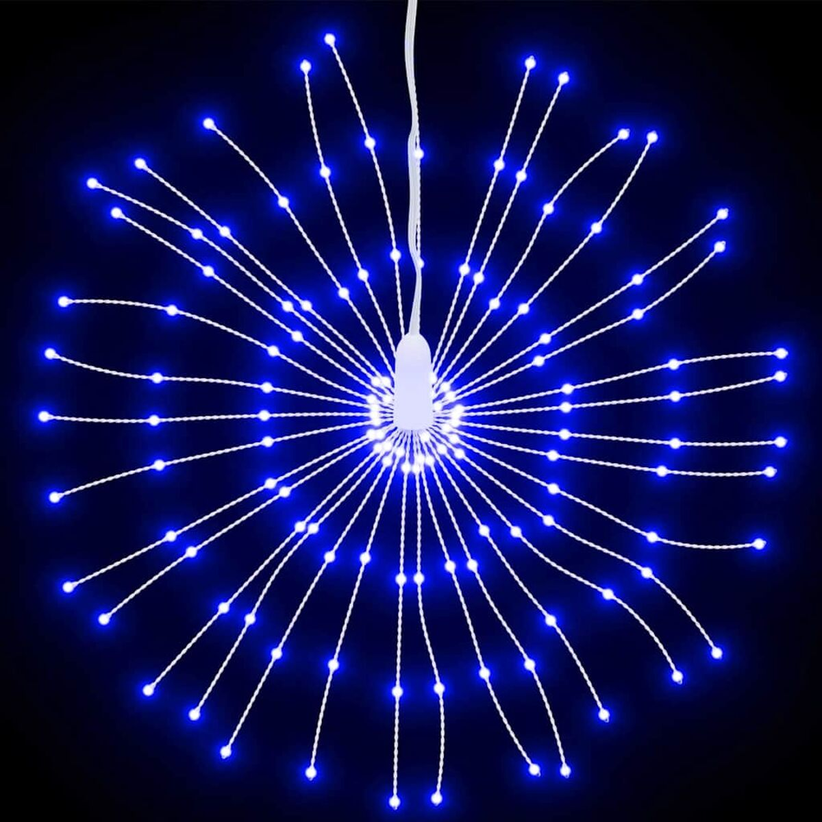 Blaue Sternschnuppenlichter auf schwarzem Hintergrund. Lichter strahlen von einem zentralen Punkt aus.