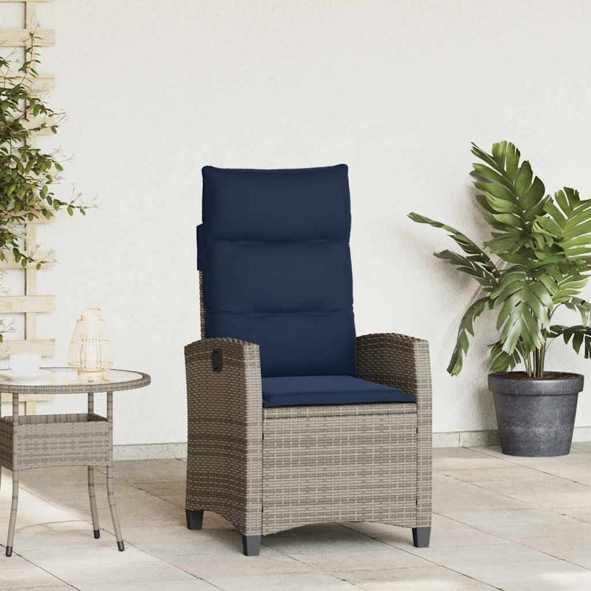 Sedia in vimini con cuscino blu e pianta sullo sfondo. Parete bianca.