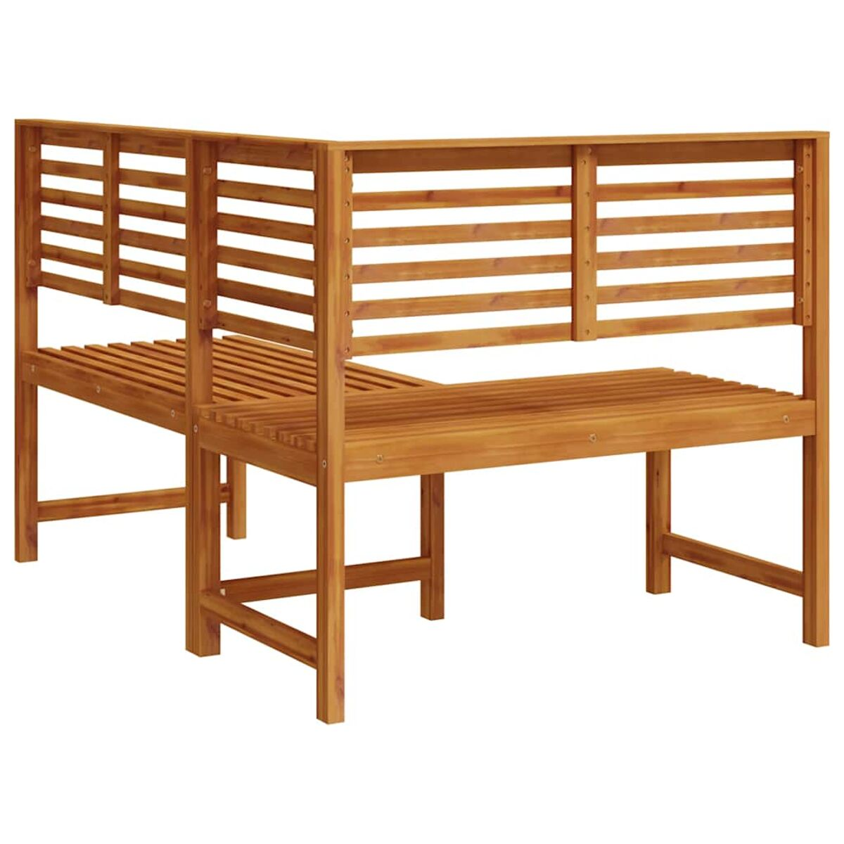 Holz-Außenbank mit Latten-Sitzen und -Rücken. Eckdesign mit zwei Sitzbereichen.