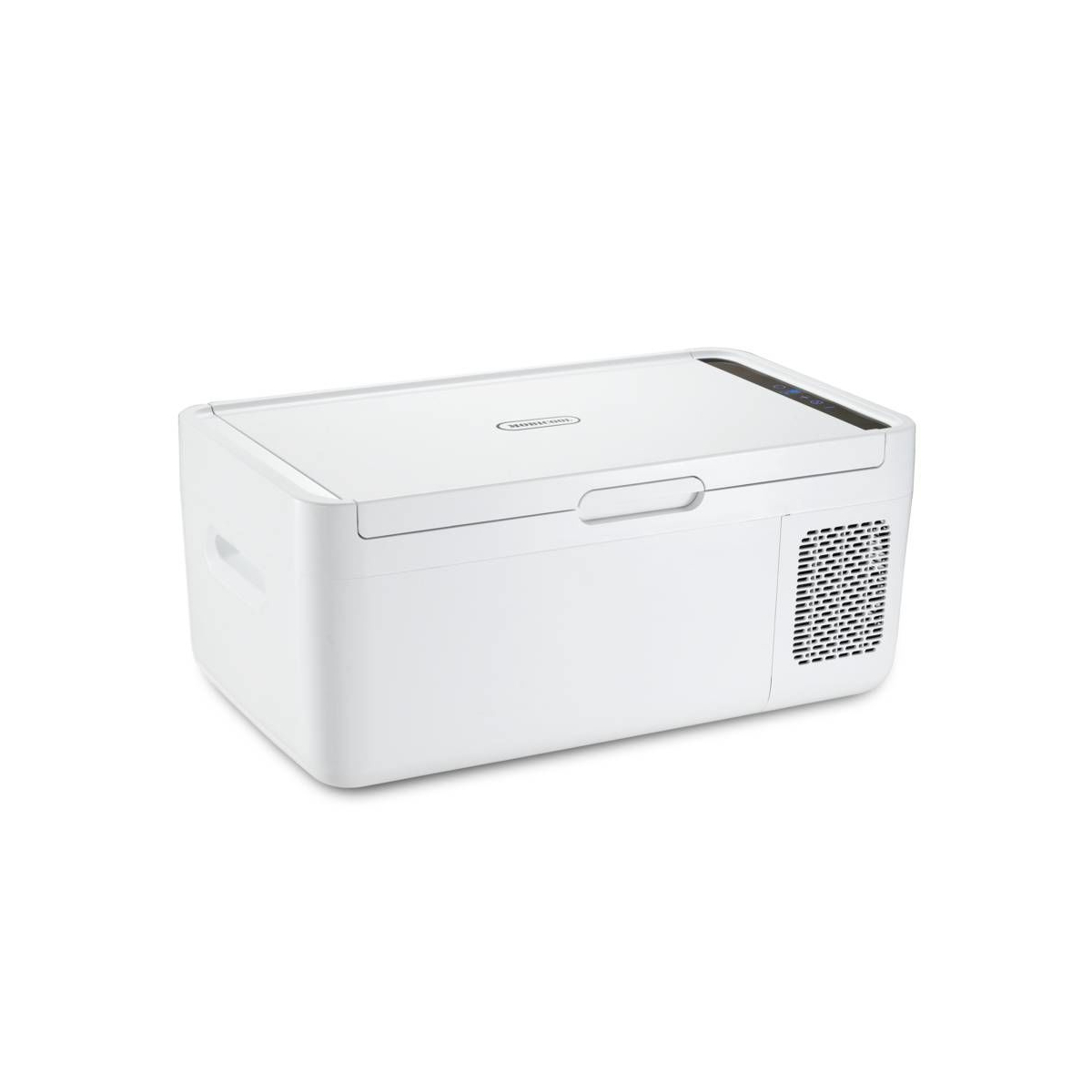 Biała, prostokątna lodówka z uchwytem. Ma wentylację i pokrywę z małym wcięciem.