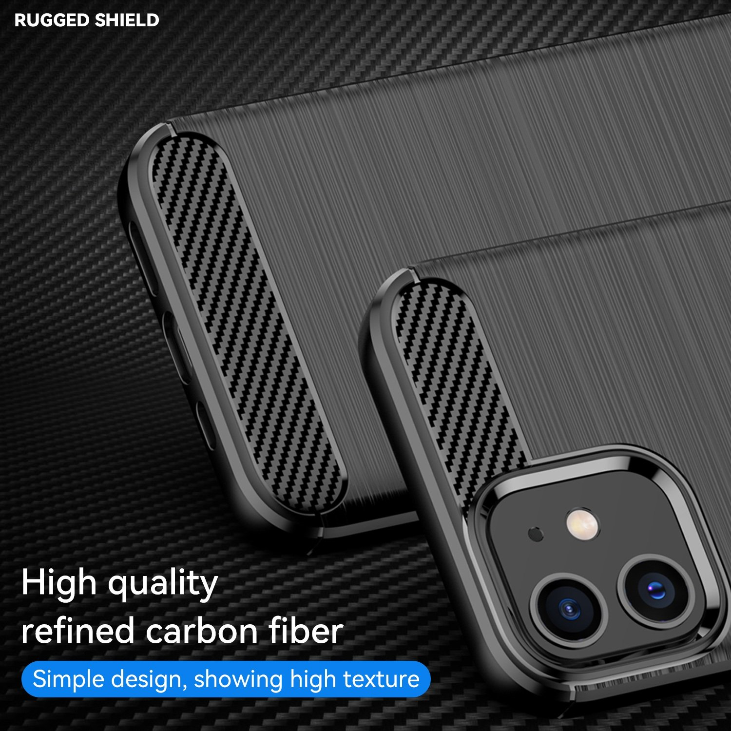 Primer plano de una funda negra para teléfono con patrón de fibra de carbono texturizada.