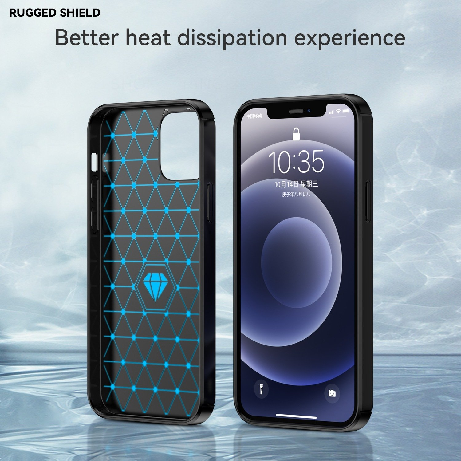 Funda negra para teléfono con patrón geométrico azul y teléfono en pantalla.