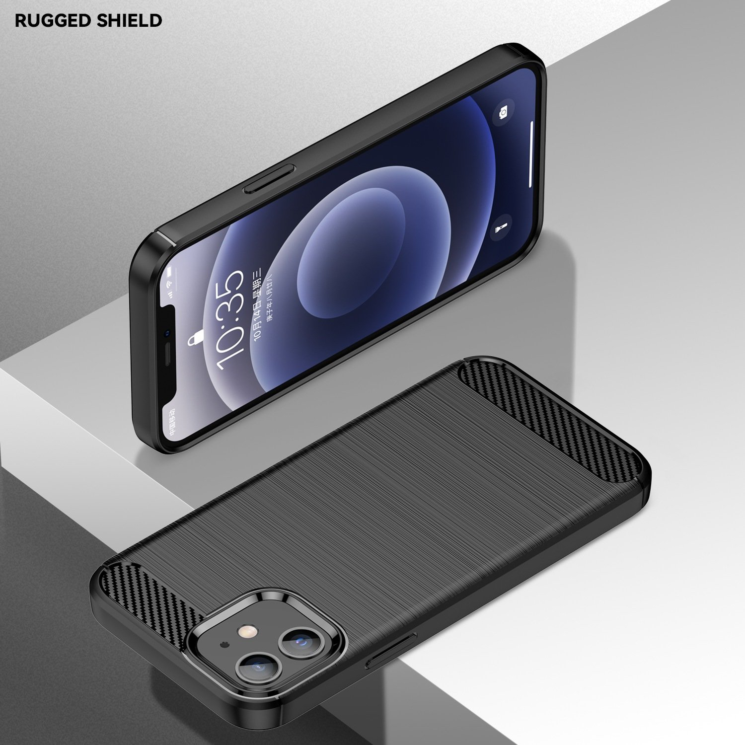 Funda negra para teléfono sobre una superficie reflectante con un teléfono mostrando una pantalla de bloqueo. El texto "RUGGED SHIELD".