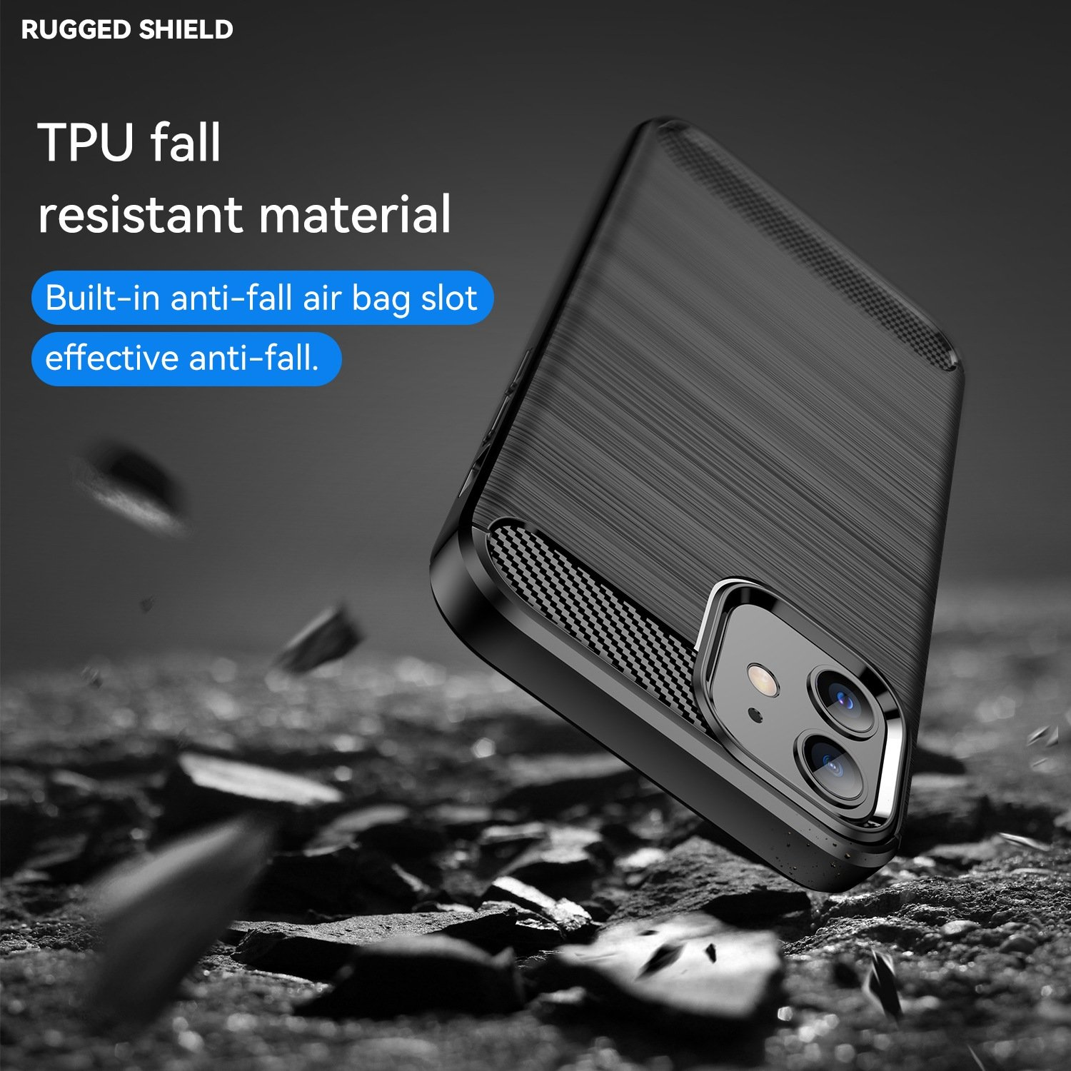 Funda de teléfono negra. La funda tiene textura de fibra de carbono y marco negro.