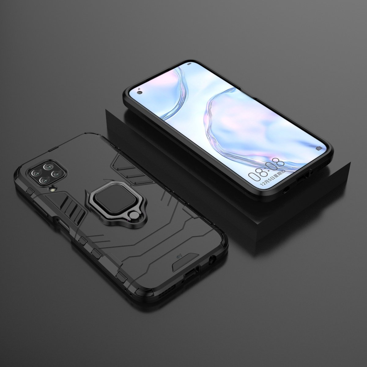 Teléfono y funda, mostrando la parte delantera del teléfono y la funda con soporte de anillo, sobre una superficie.