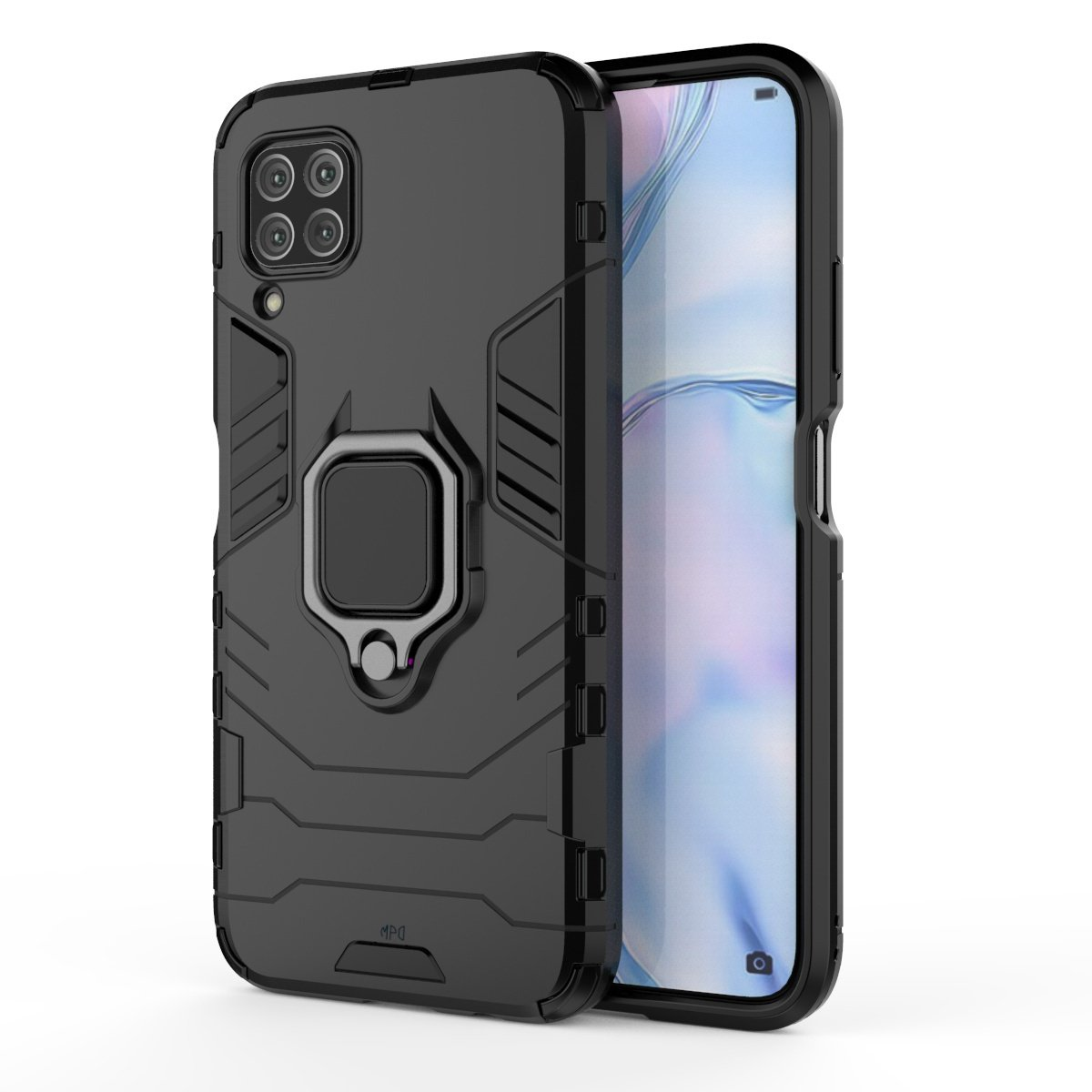 Funda negra con soporte de anillo, protegiendo la pantalla del teléfono. Fondo blanco.