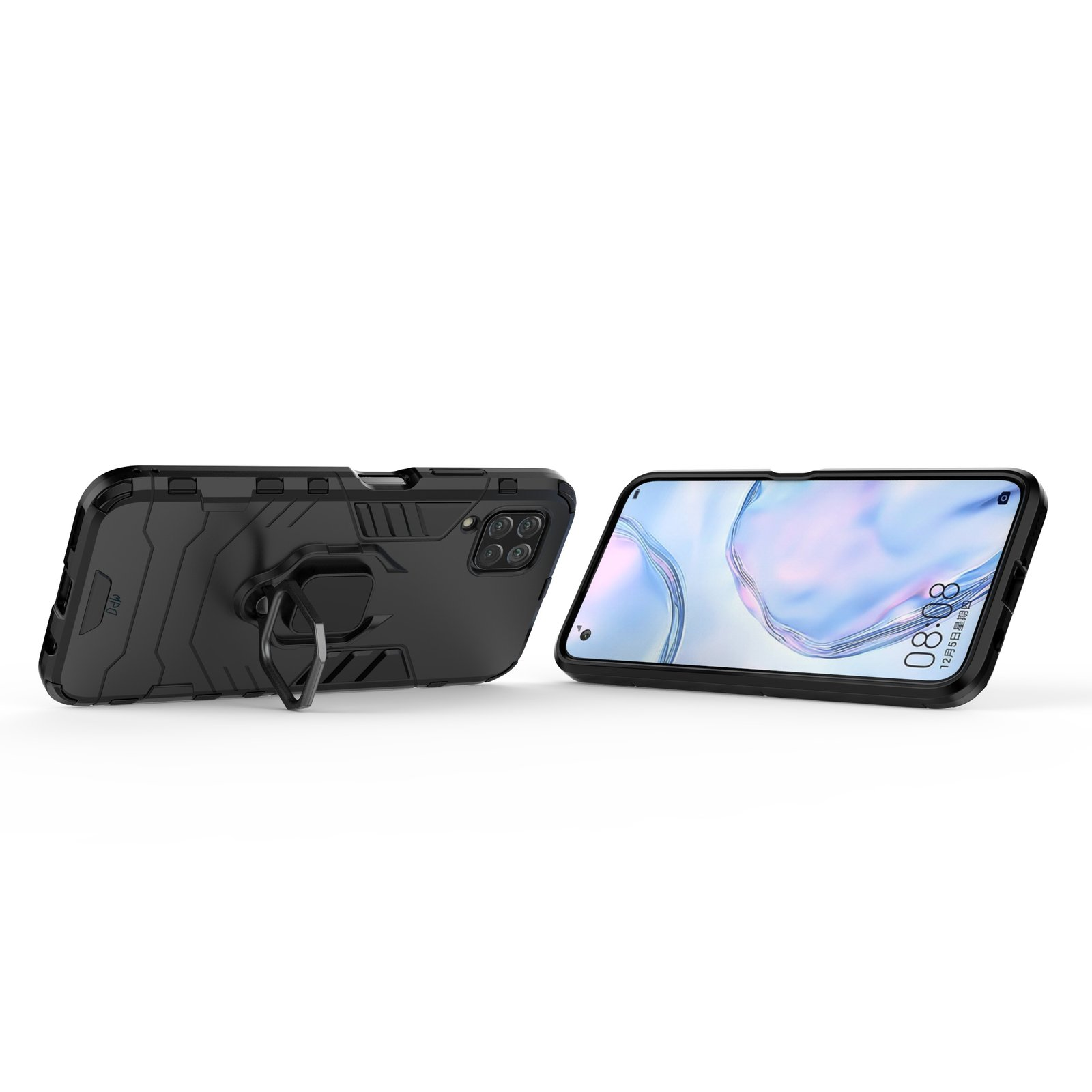 Funda negra con anillo, teléfono mostrado. Fondo blanco. Pantalla muestra 08:08. Funda negra.