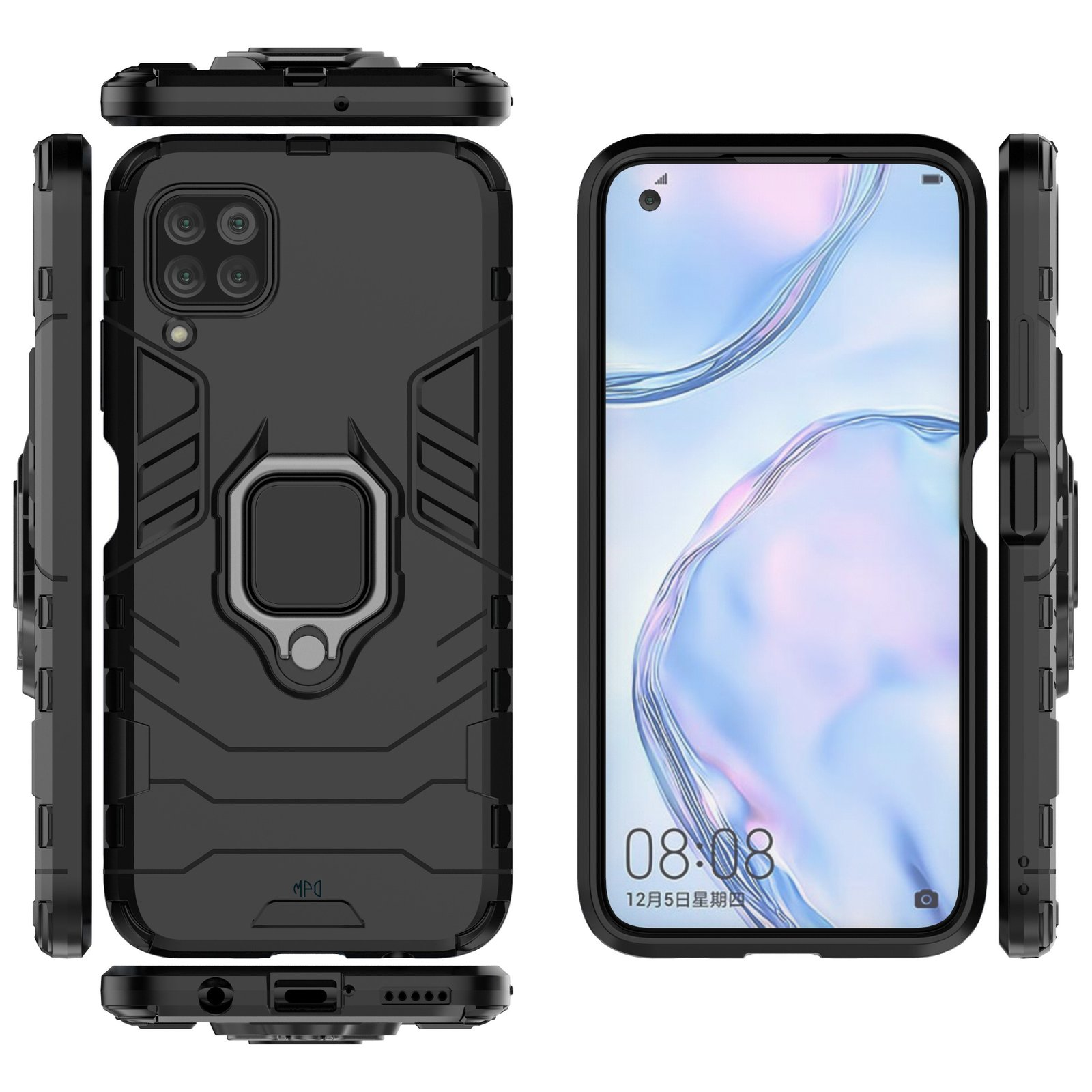 Fundas negras para teléfono con portaanillos. Una tiene el teléfono dentro. En diferentes ángulos.