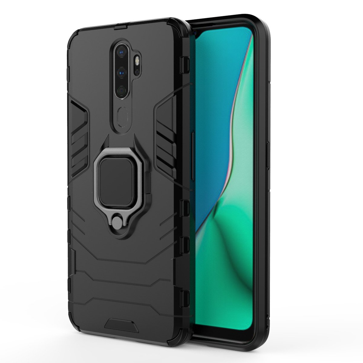 Teléfono negro con funda negra y soporte de anillo. El teléfono está sobre una superficie blanca.