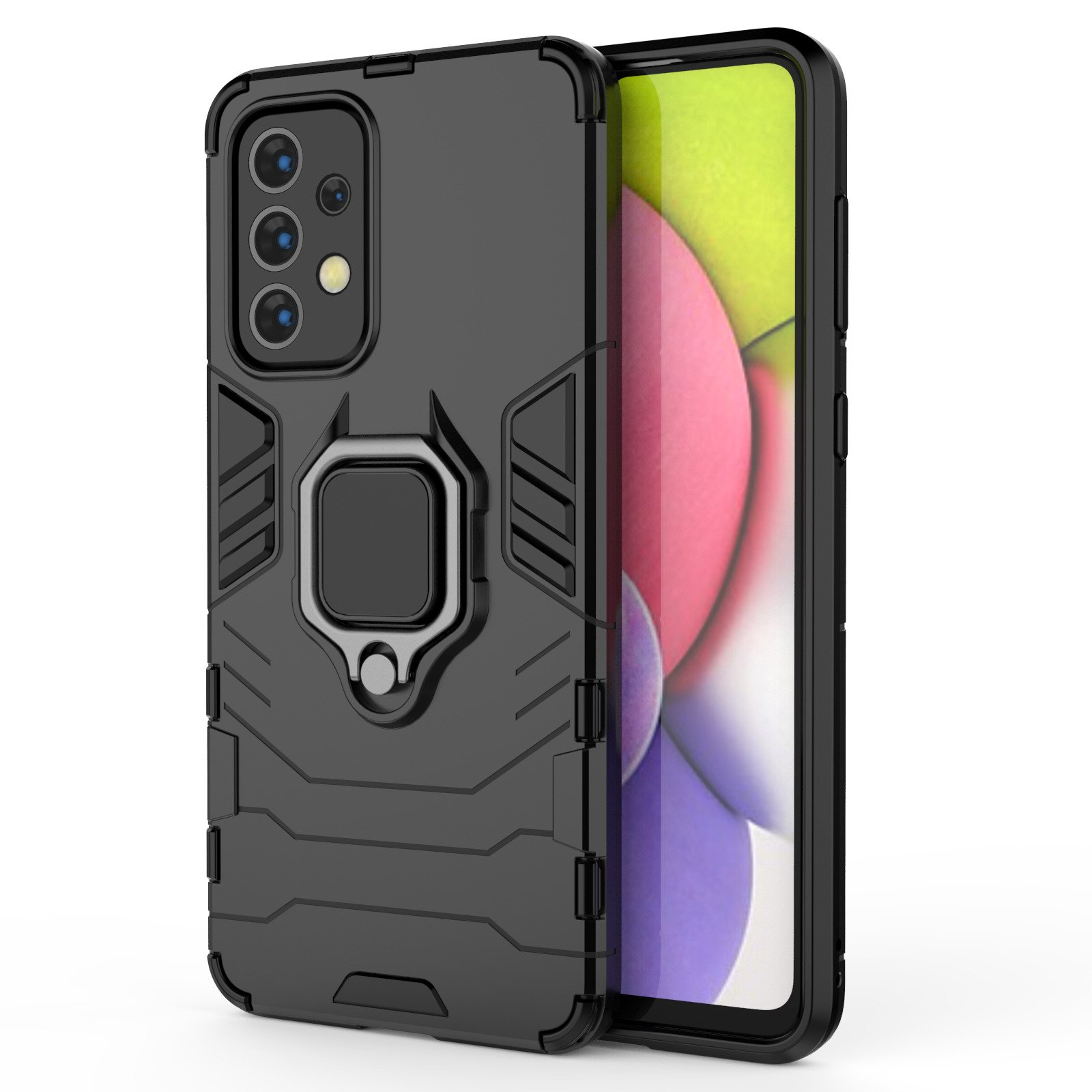 Funda negra para teléfono con soporte de anillo. La pantalla es visible.
