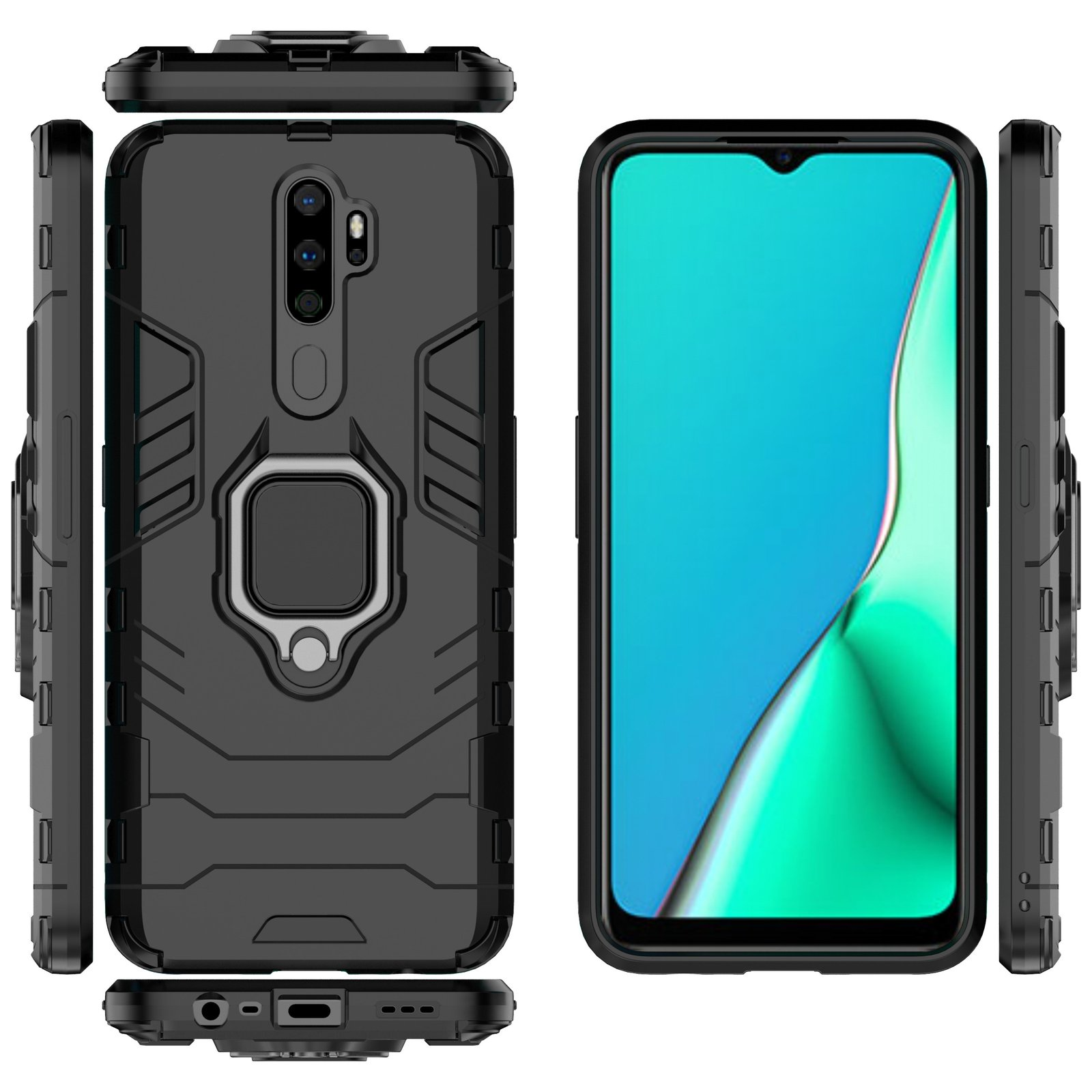 Funda de teléfono con teléfono. Funda negra con soporte de anillo. Teléfono con pantalla verde. Visto desde múltiples ángulos.