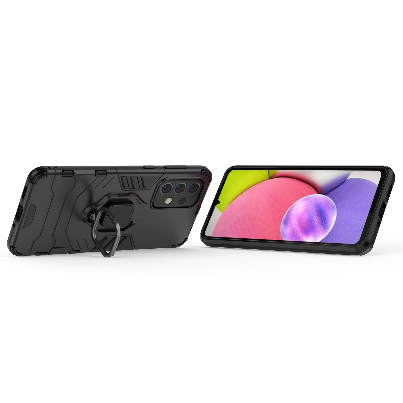 Dos teléfonos con fundas negras. Uno está apoyado, el otro plano.
