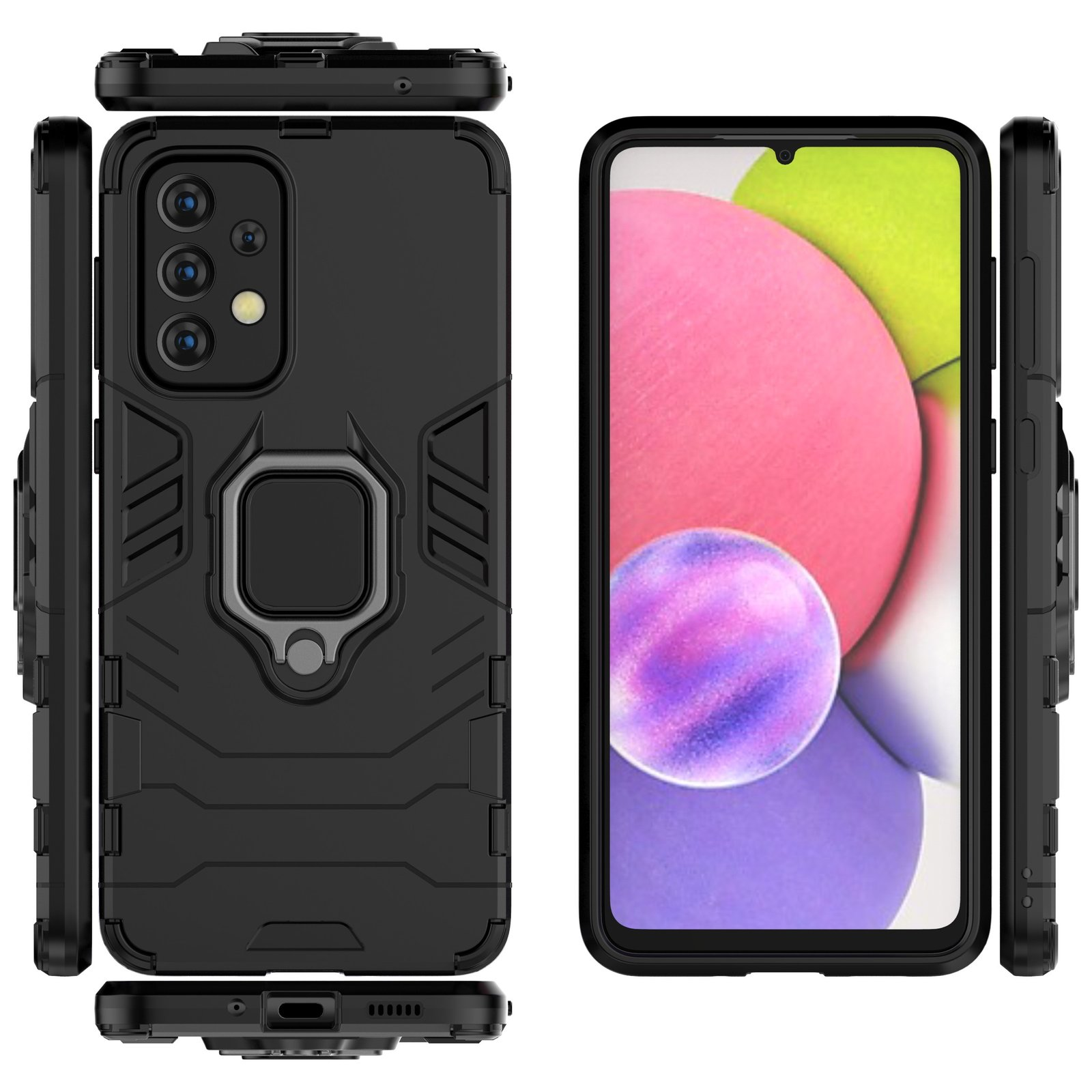 Funda negra para teléfono con soporte de anillo. El teléfono muestra un fondo colorido.