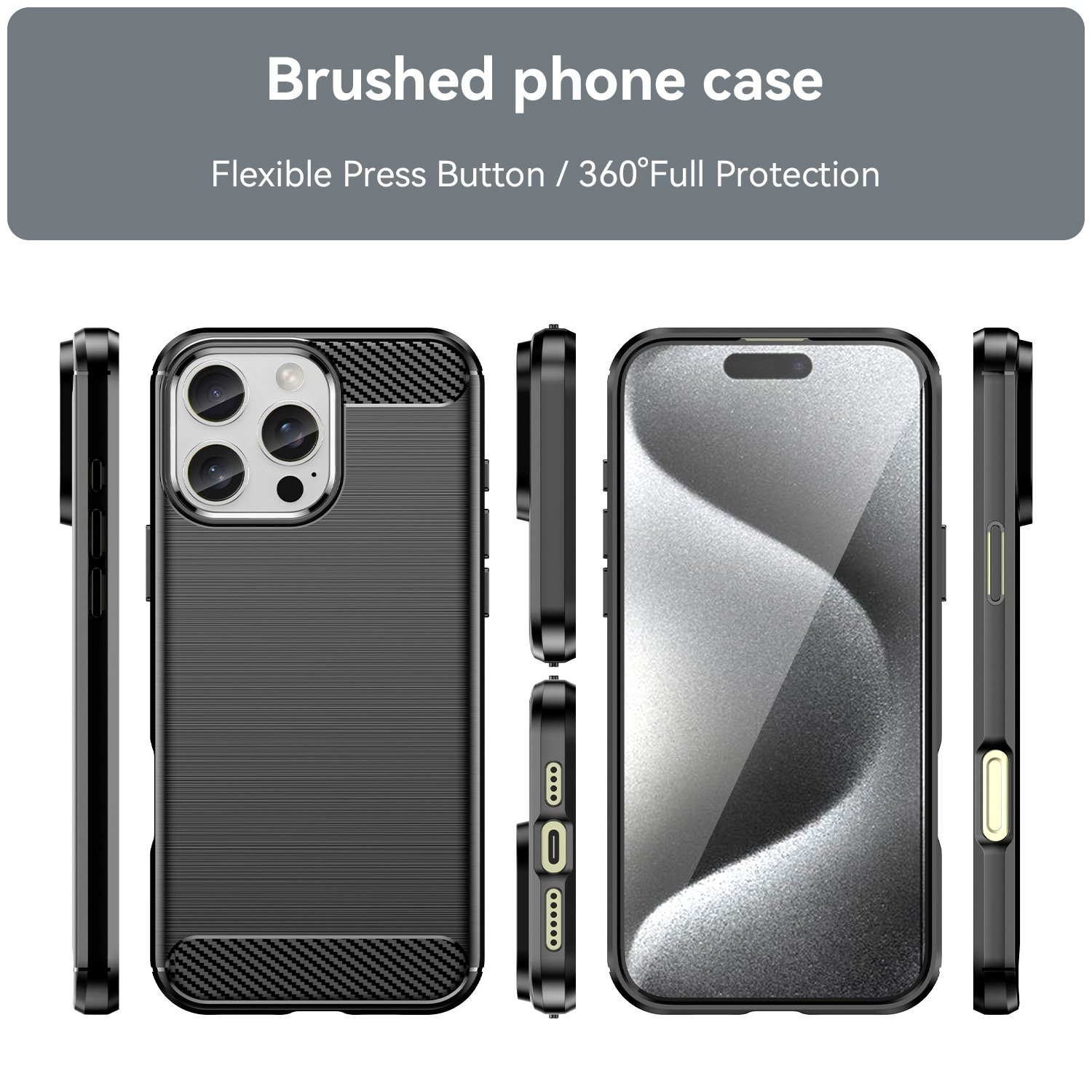 Funda de teléfono negra con parte trasera texturizada. Se muestran múltiples vistas, con el teléfono dentro de la funda.