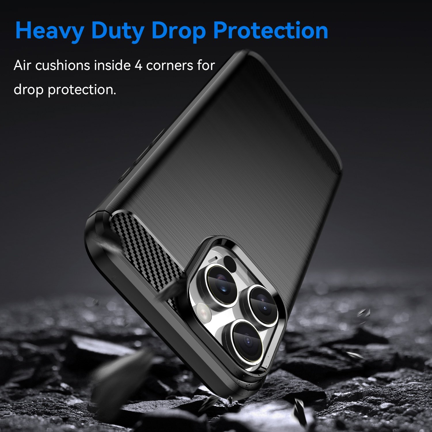 Funda de teléfono con un teléfono, que muestra cojines de aire para protección contra caídas, con rocas dispersas.