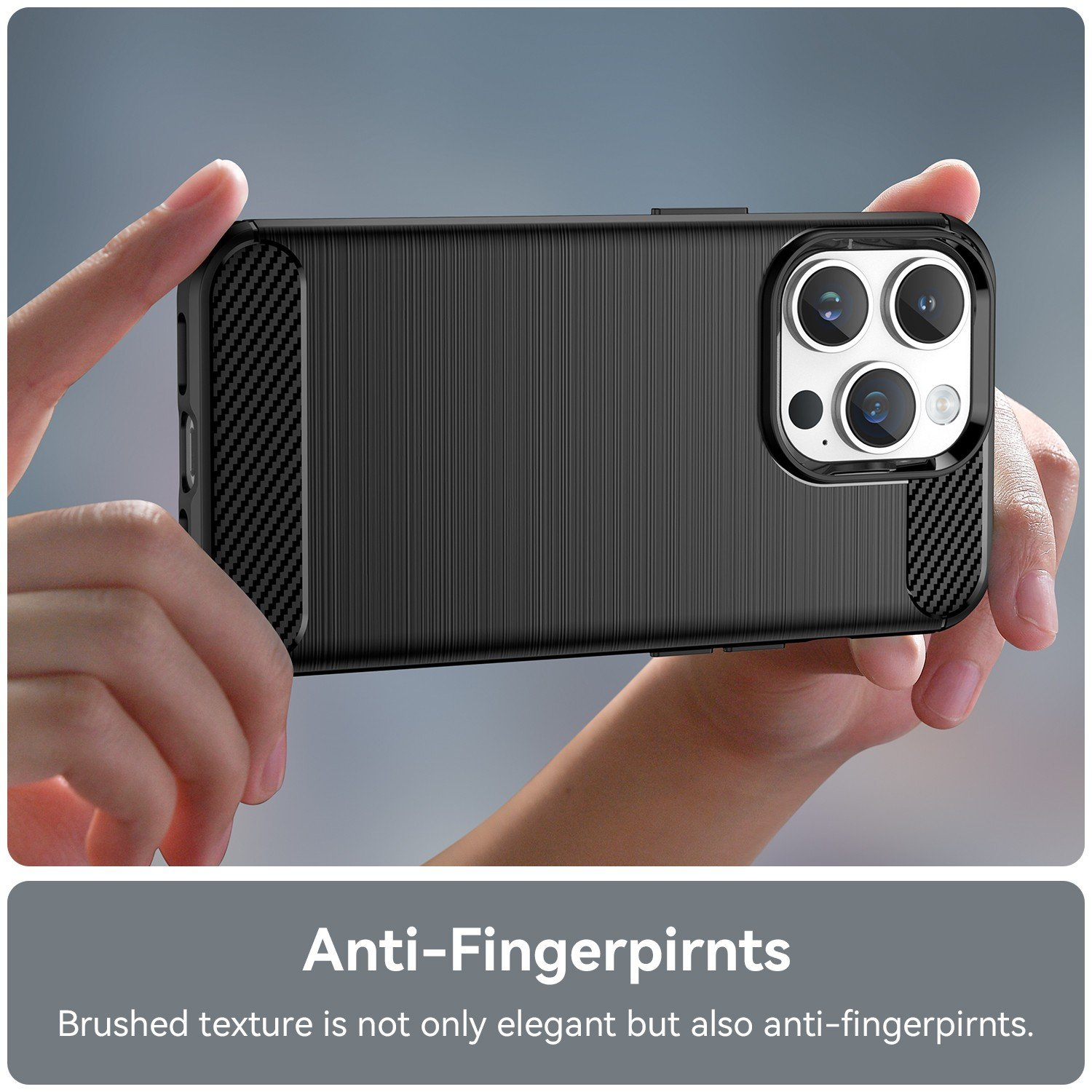 Funda negra con textura cepillada. Texto blanco sobre anti-huellas.